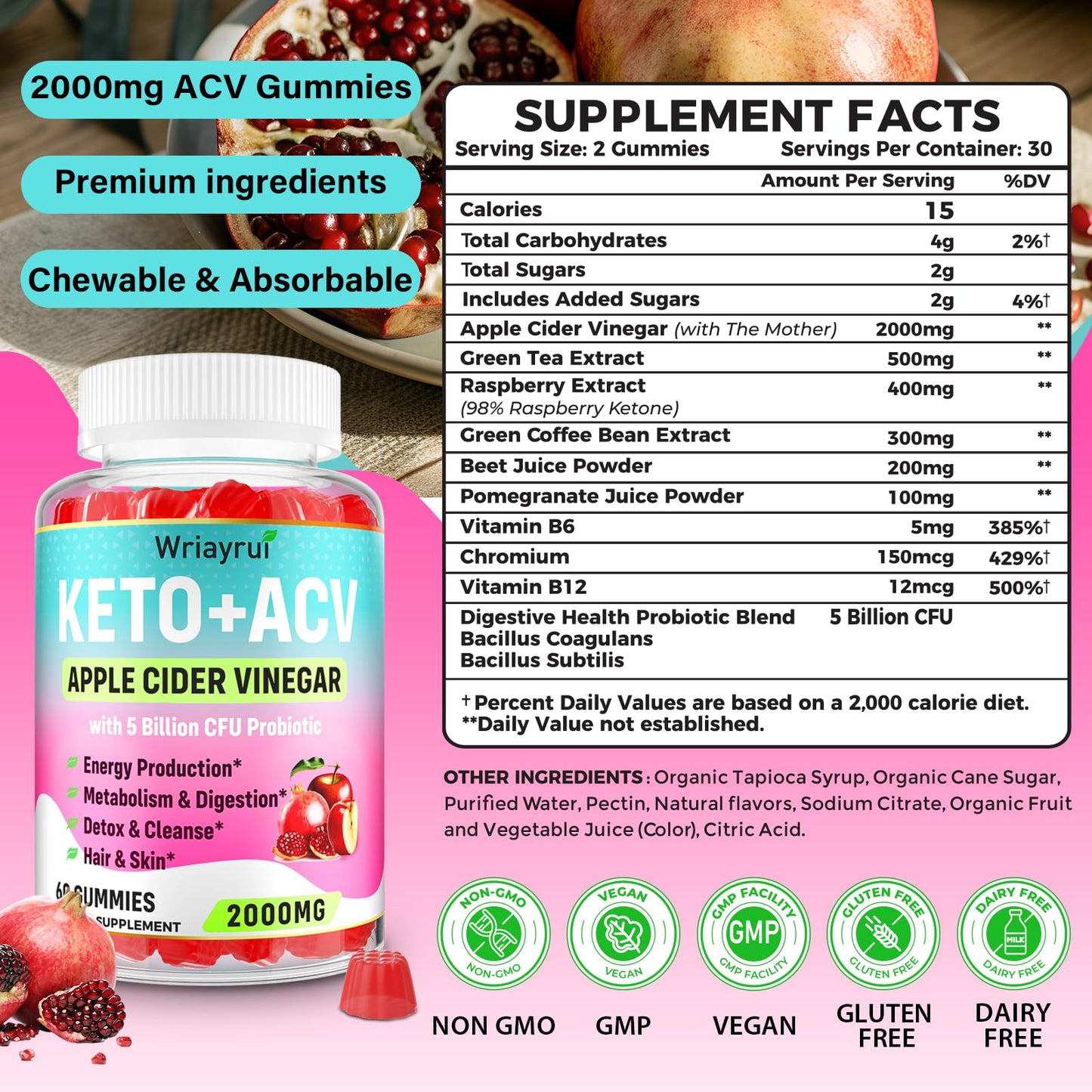 Apple Cider Vinegar Gummies, Advanced Keto ACV Gummies, ACV for Detox, Cleanse, Metabolism & Digestion, Keto Support, Formulated with Green Tea, B6 & B12, Probiotics, 120 Counts