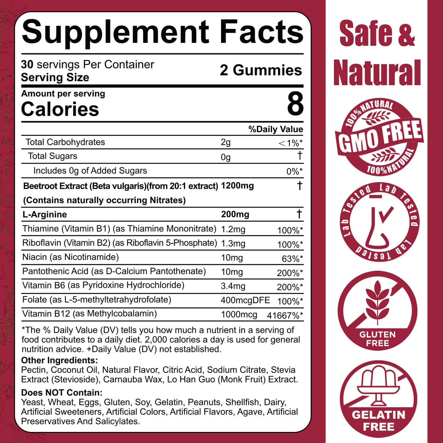 Beet Root Gummies & L-Arginine 1400mg with B1, B2, B3, B5, B6, Folate & B12, for Energy Boost, Blood Flow & Circulation Support, Sugar Free Organic Chewable Beets Supplements, Vegan, Non-GMO, 120 Cts