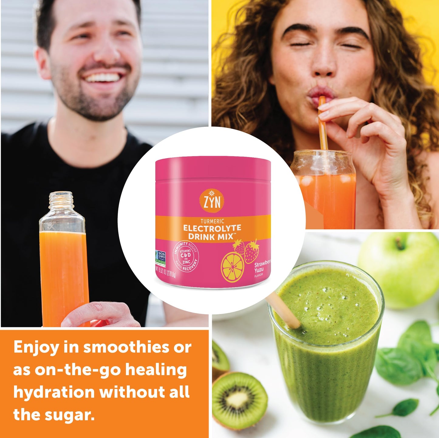 ZYN Electrolyte Hydration Drink Mix (30 Servings), Strawberry Yuzu Electrolytes Powder, Hydrating Formula w/Turmeric Curcumin, Vitamin C & D, Zinc, Electrolyte Support Drink Mix