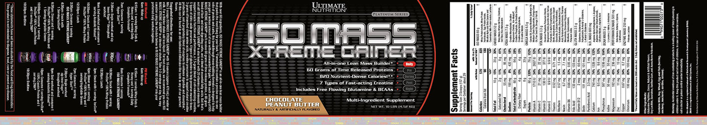 Ultimate Nutrition ISO Mass Xtreme Gainer, Isolate Protein Powder with Creatine - Weight Gain Serious Lean Muscle Mass with 60 Grams of Protein, Chocolate Peanut Butter, 30 Servings