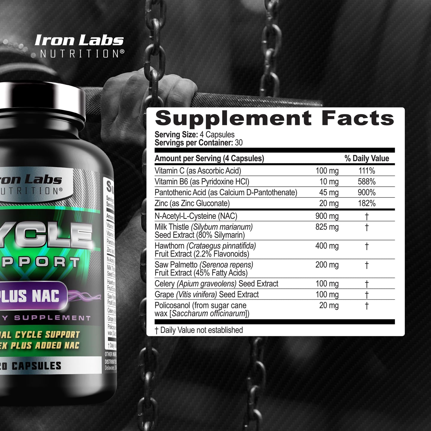 Iron Labs Nutrition: Cycle Support Plus NAC (N-Acetyl-L-Cysteine) - Kidney and Liver Support Supplement - On Cycle Support Supplements for Men - N Acetyl L Cysteine and Milk Thistle (120 Capsules)