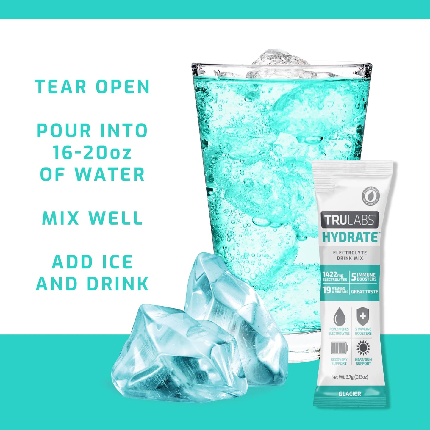 TRULABS Hydrate Glacier 6ct. Sugar Free Electrolytes Hydration Packets. Each Serving Contains 1422 mg of Electrolytes &19 Vitamins & Minerals.
