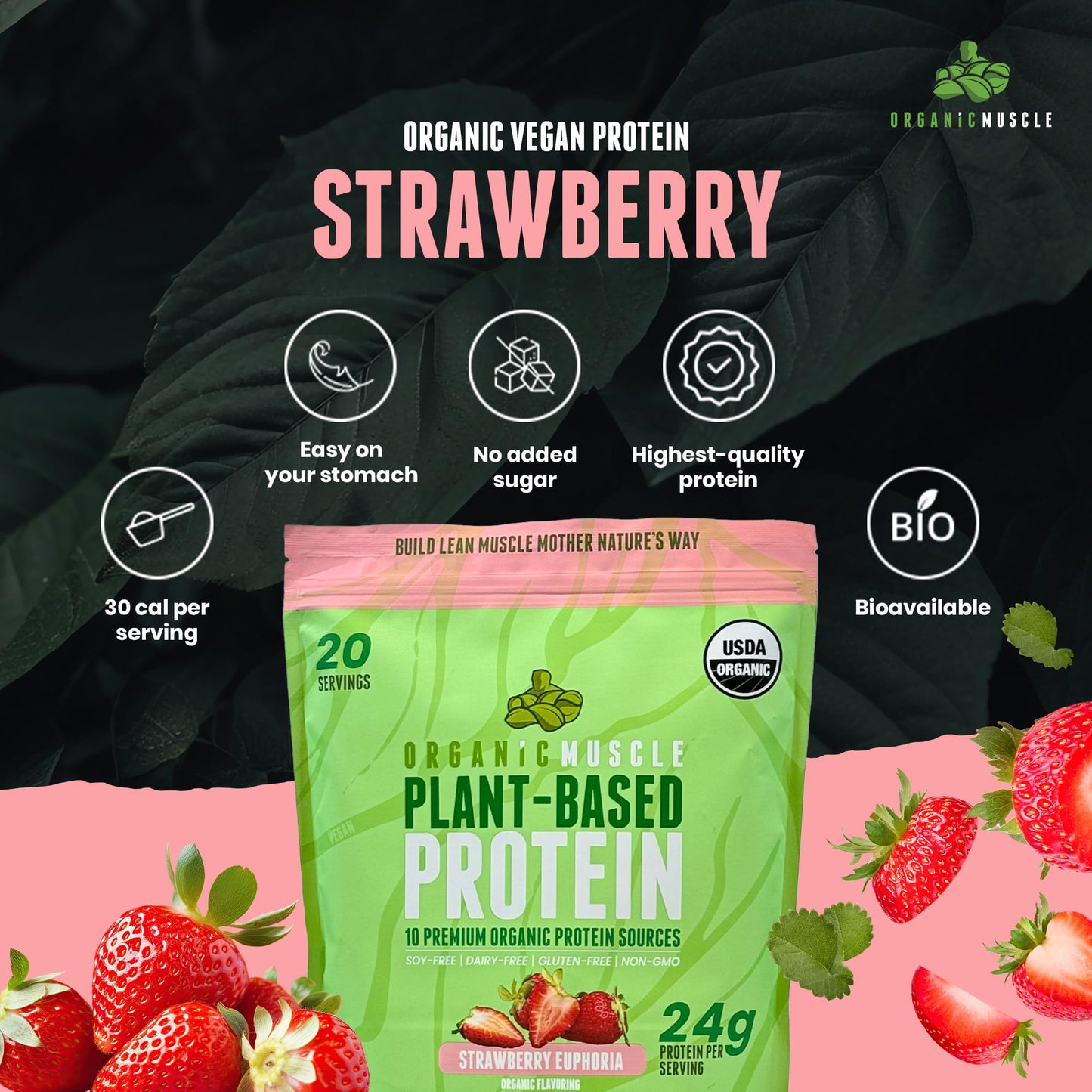 Organic Muscle Vegan Protein Powder - Plant Based Strawberry Multi-Sourced Protein Powder with Pea, Hemp, Brown Rice, Chia Seed & Amino Acids - Low Calorie for Muscle Growth & Speed Recovery