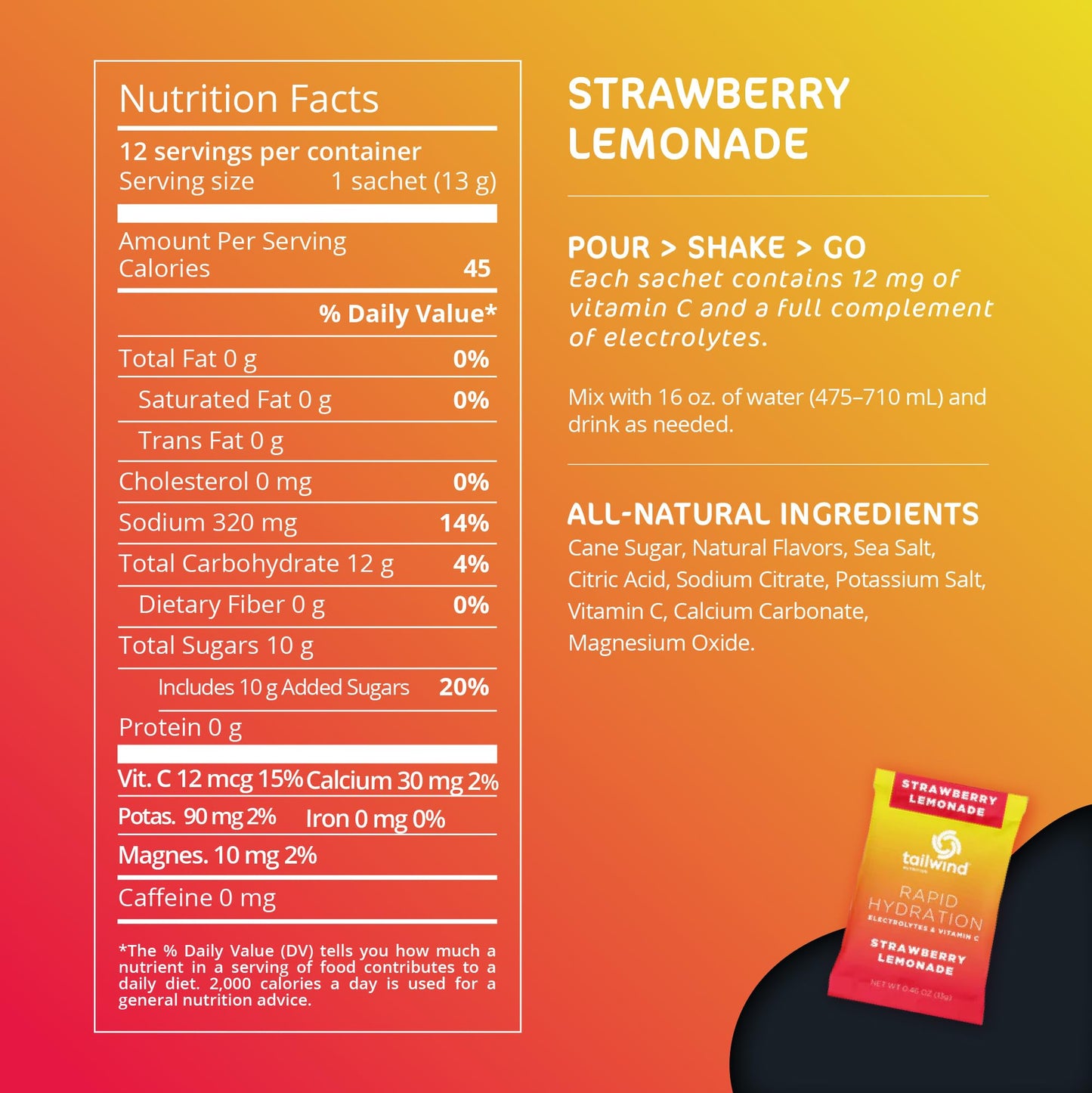 Tailwind Nutrition Rapid Hydration Powder Packets, Electrolyte Drink Mix, Non-GMO, Vegan, Vitamin-C, Strawberry Lemonade, Pack of 12 Sticks