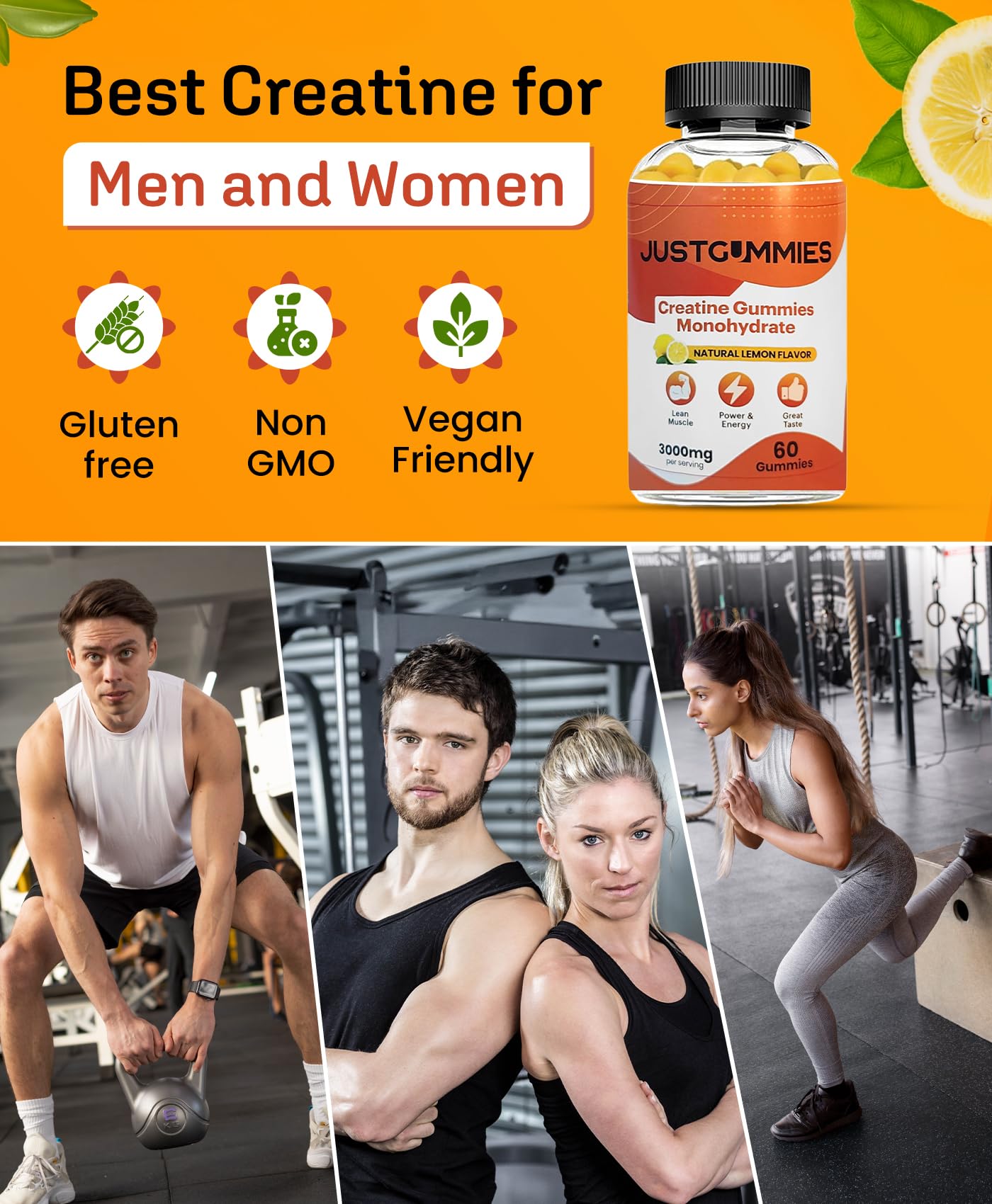 JustGummies Creatine Monohydrate Gummies 3000 mg Per Serving | Creatine Infused Gummies to Increase Strength and Build Muscle, Vegan, Lemon Flavor, 60 Count