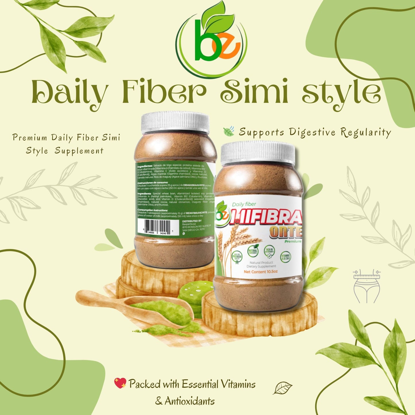 BE Fibra Premium Daily use Fiber Supplement-10.5 oz Simi-Style Blend with Wheat Bran, Algas, Maguey & More Natural Ingredients + Antioxidants & Vitamins A, B12, C & D-Supports Digestive Wellness Simi