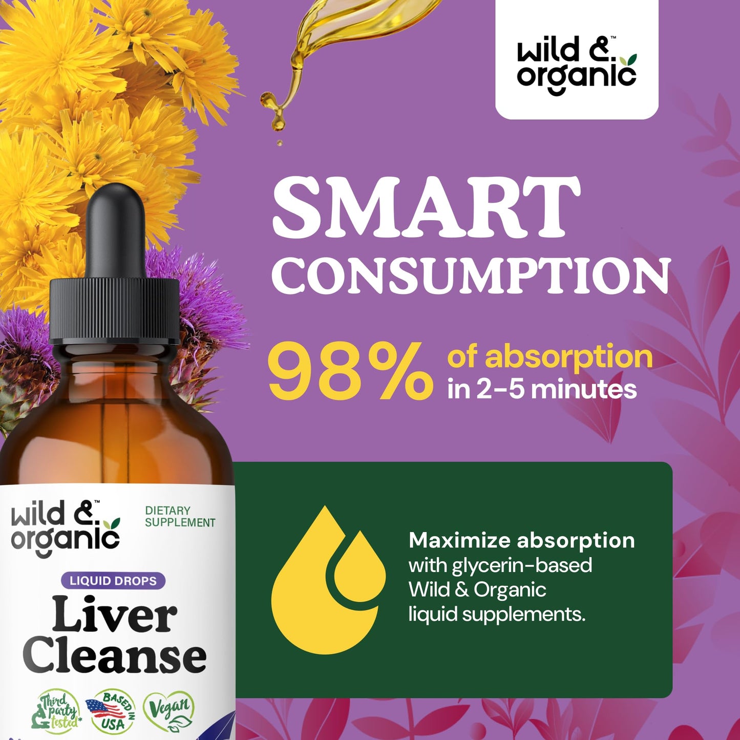 Wild & Organic Liver Cleanse Detox Tincture - Milk Thistle, Dandelion Root Herbal Complex - Liquid Liver Support Supplement - Vegan, Sugar & Alcohol-Free Milk Thistle Drops - 4 fl oz