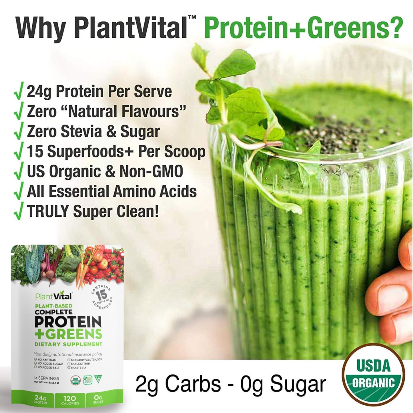 Plantvital Unflavored Organic Vegan Protein Powder - 15 Superfoods, Veggies and Probiotics - Organic Plant-Based Protein Powder - All BCAAβs, Gluten Free - 16oz -1 Pouch