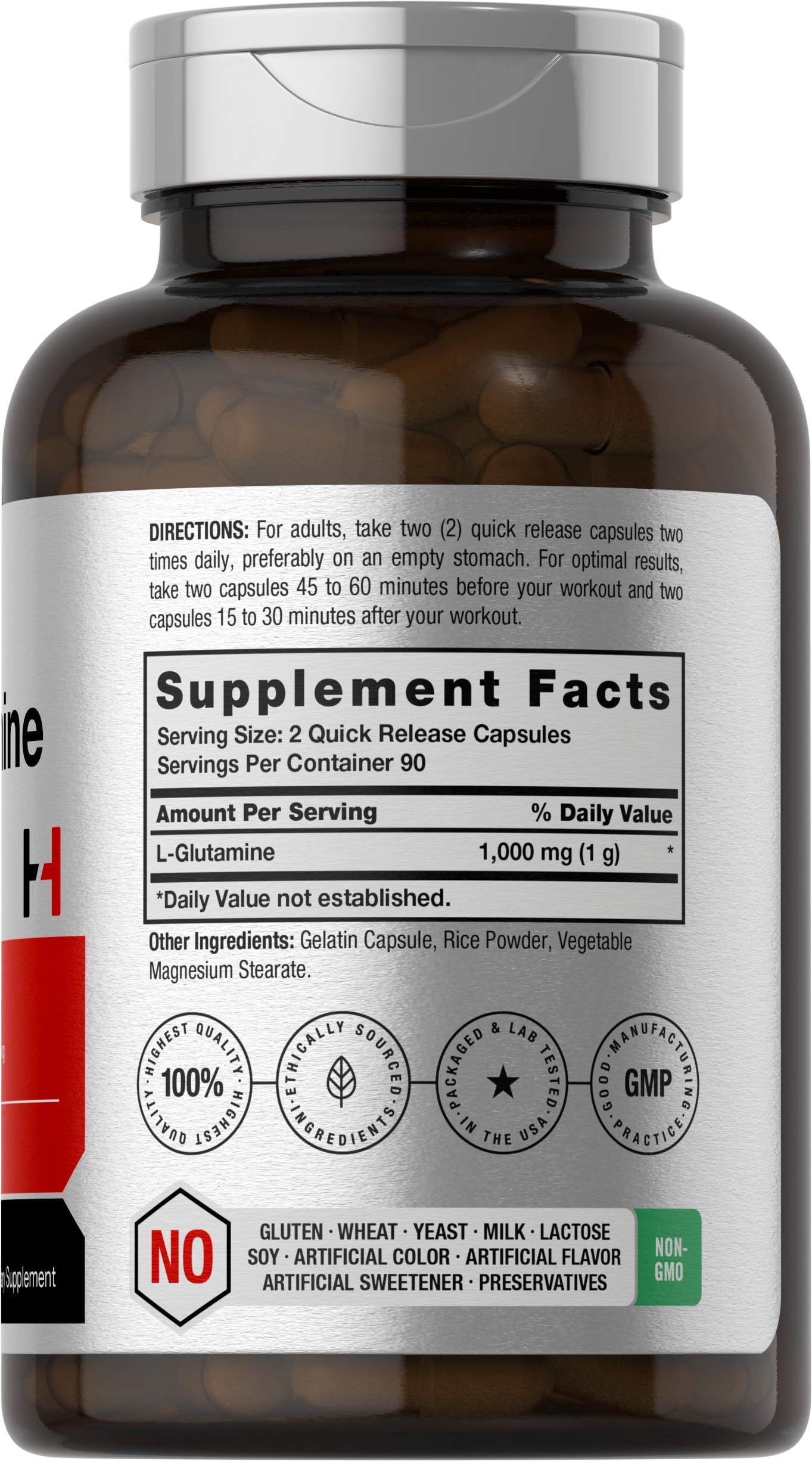 Horbaach L Glutamine Capsules 1000mg | 180 Powder Pills | Supplement for Women and Men | Pre Workout & Post Workout | Non-GMO & Gluten Free