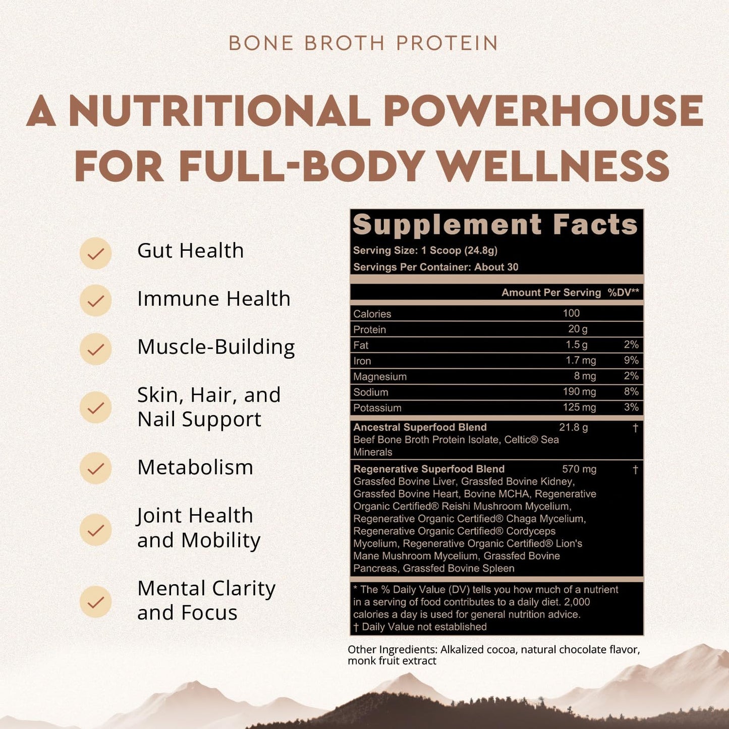 Ancestral Supplements Grass Fed Protein Powder, Chocolate, Beef Bone Broth Based w/Beef Organs & Organic Mushrooms, Gut Health Support, High Protein Supplement, 20g Protein Per Serving, 30 Day Supply
