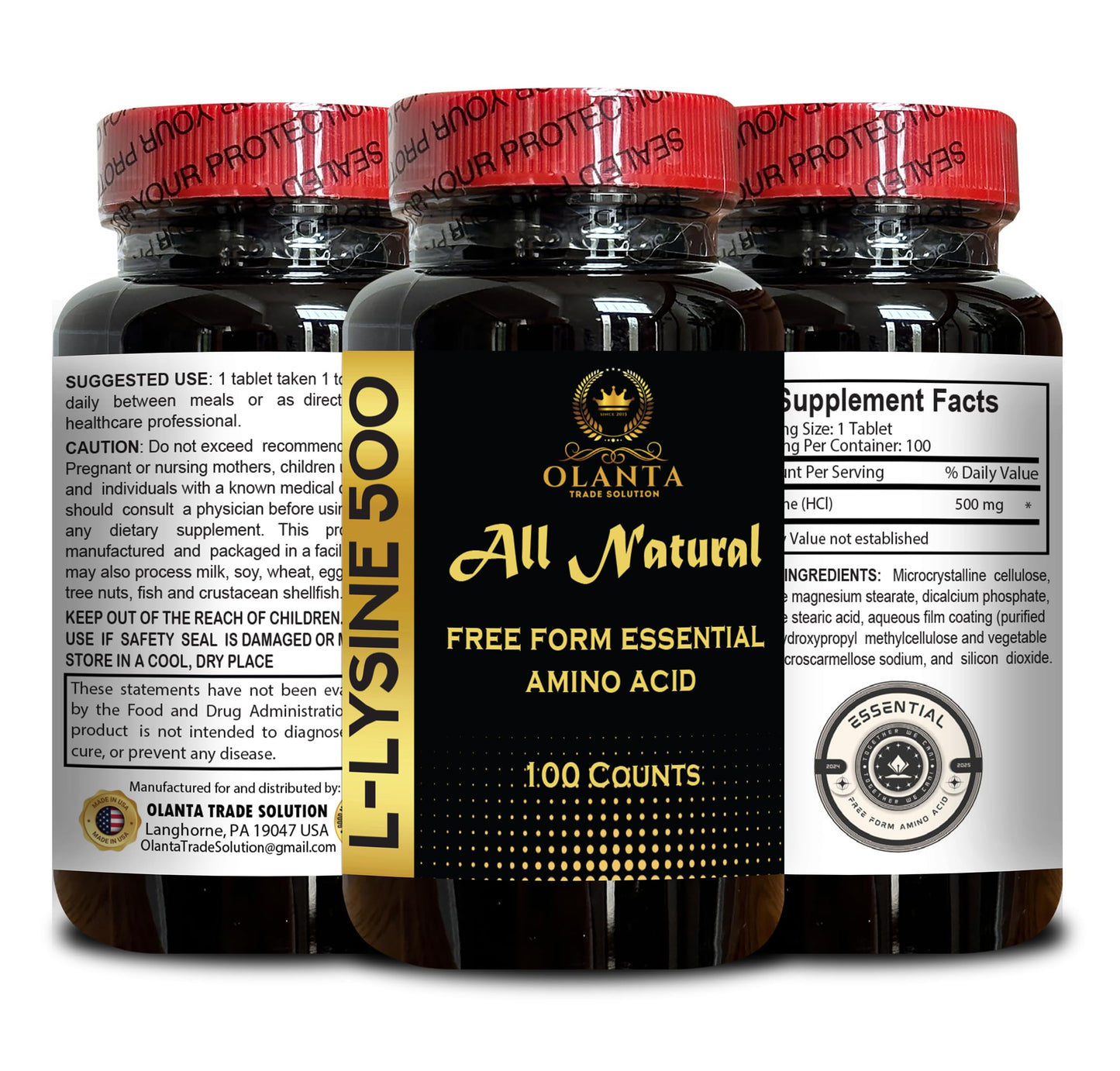 OLANTA TRADE SOLUTION L-LYSINE 500 Amino Acid - Lysine Supplement Supports Healthy Lip and Oral Tissue, Non-GMO, No Gluten, Immune + Bone Health Support, Protein Synthesis - 1 Bottle 100 Counts