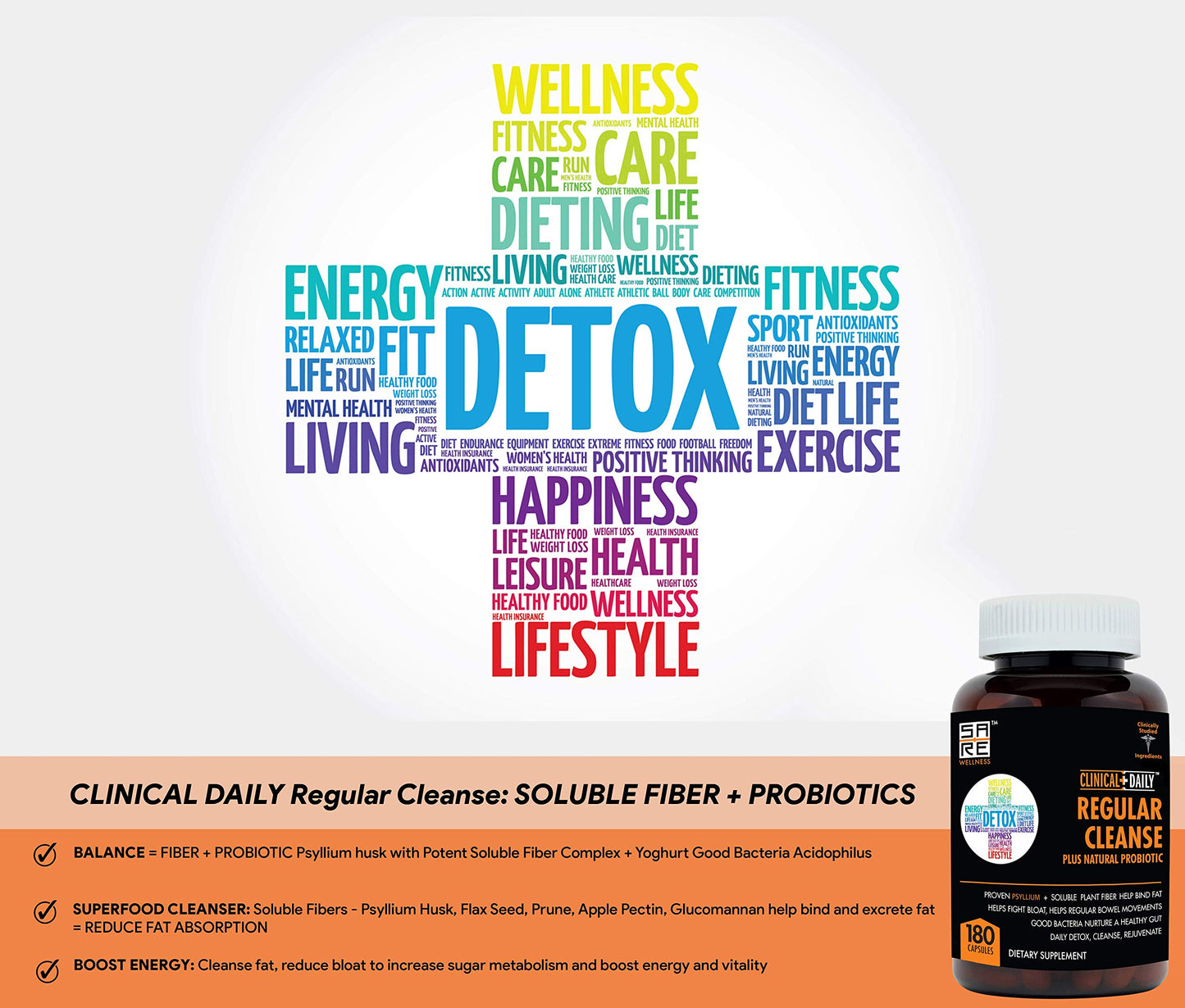 Clinical Daily Regular Cleanse Plus Natural Probiotic - Colon Cleanse & Gut Detox Supplement - Assists with Energy and Constipation Relief - Herbal Dietary Fiber Psyllium Husk Capsules - 180 Count