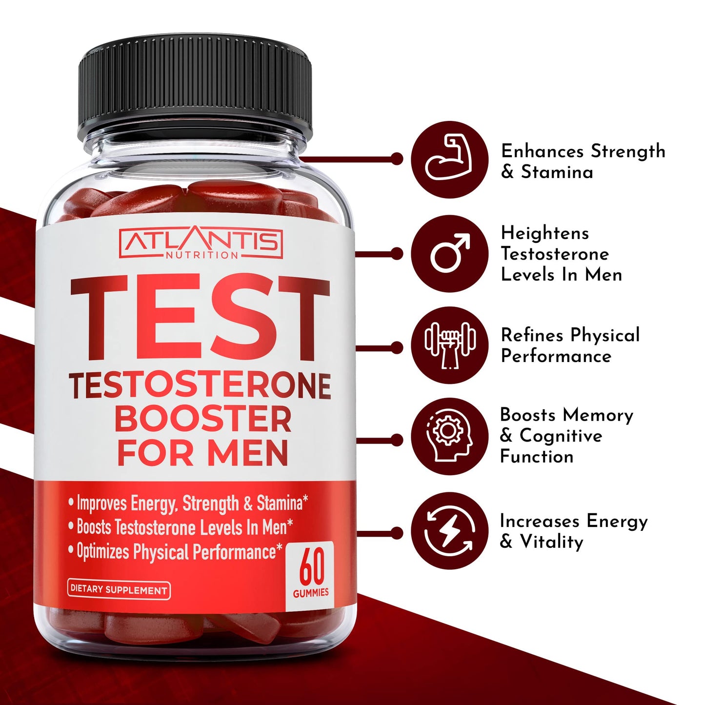 Atlantis Nutrition Testosterone Booster For Men Gummies - Male Enhancement, Boosts Energy, & Optimizes Physical Performance Formulated w/Tribulus, Horny Goat Weed, Saw Palmetto, Maca Root - 60 Gummies