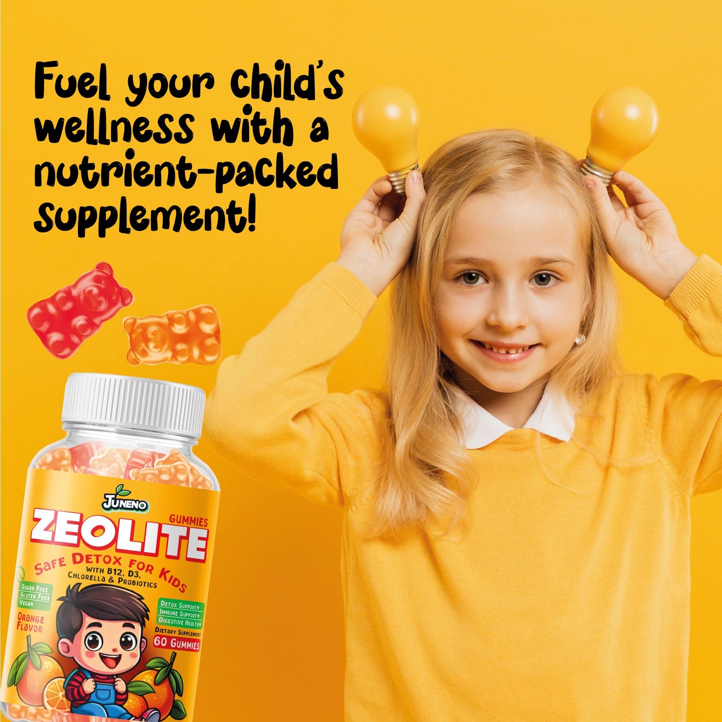 Juneno Zeolite Kids Detox Gummies - Total Body Cleanse Micronized Chewables Supplement with Chlorella - Orange Flavor Vegan Non-GMO Gluten-Free