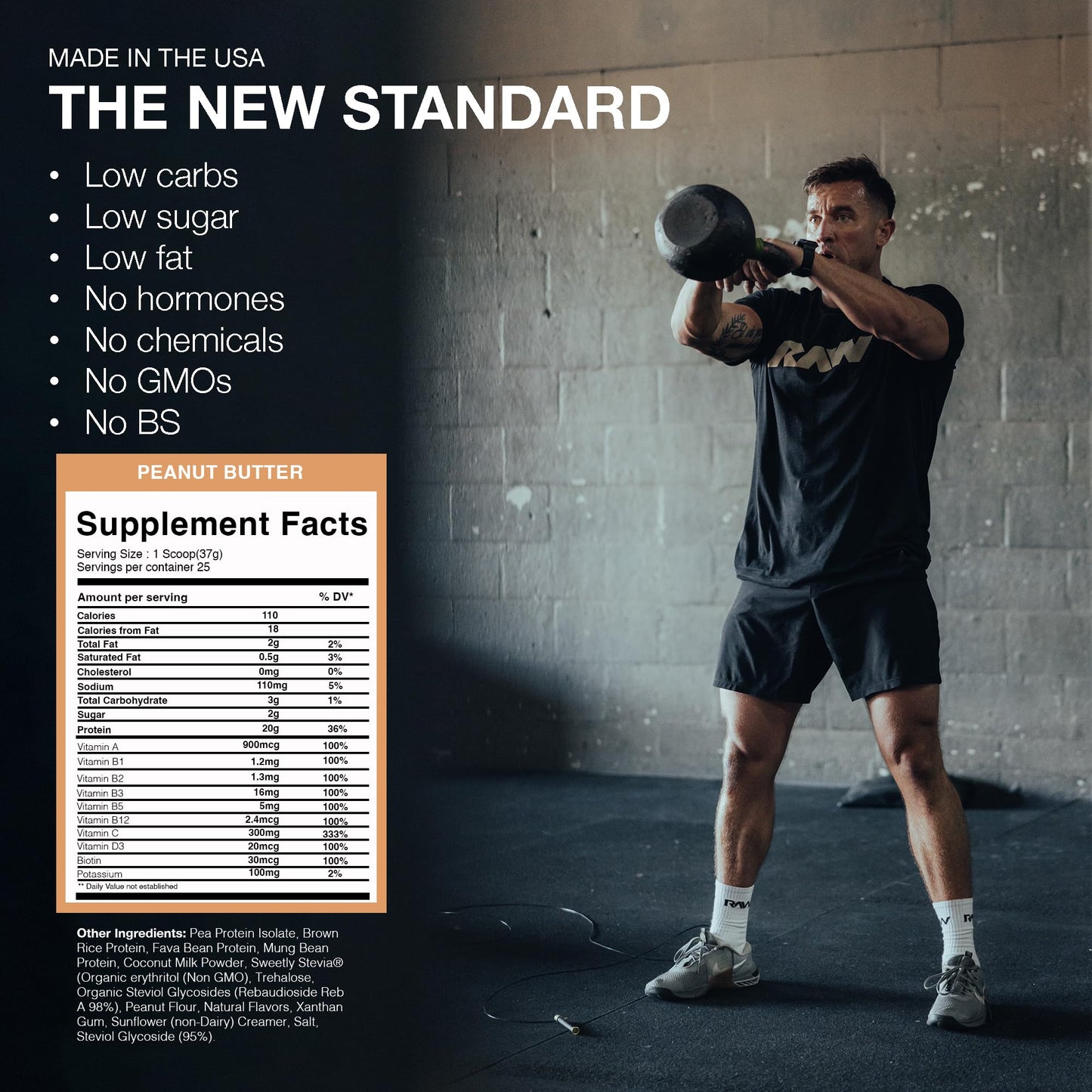 RAW Vegan Protein Powder, Peanut Butter - 20g of Plant-Based Protein Powder & Fortified with Vitamins for Muscle Growth & Recovery - Low-Fat, Low Carb, Naturally Flavored & Sweetened - 25 Servings