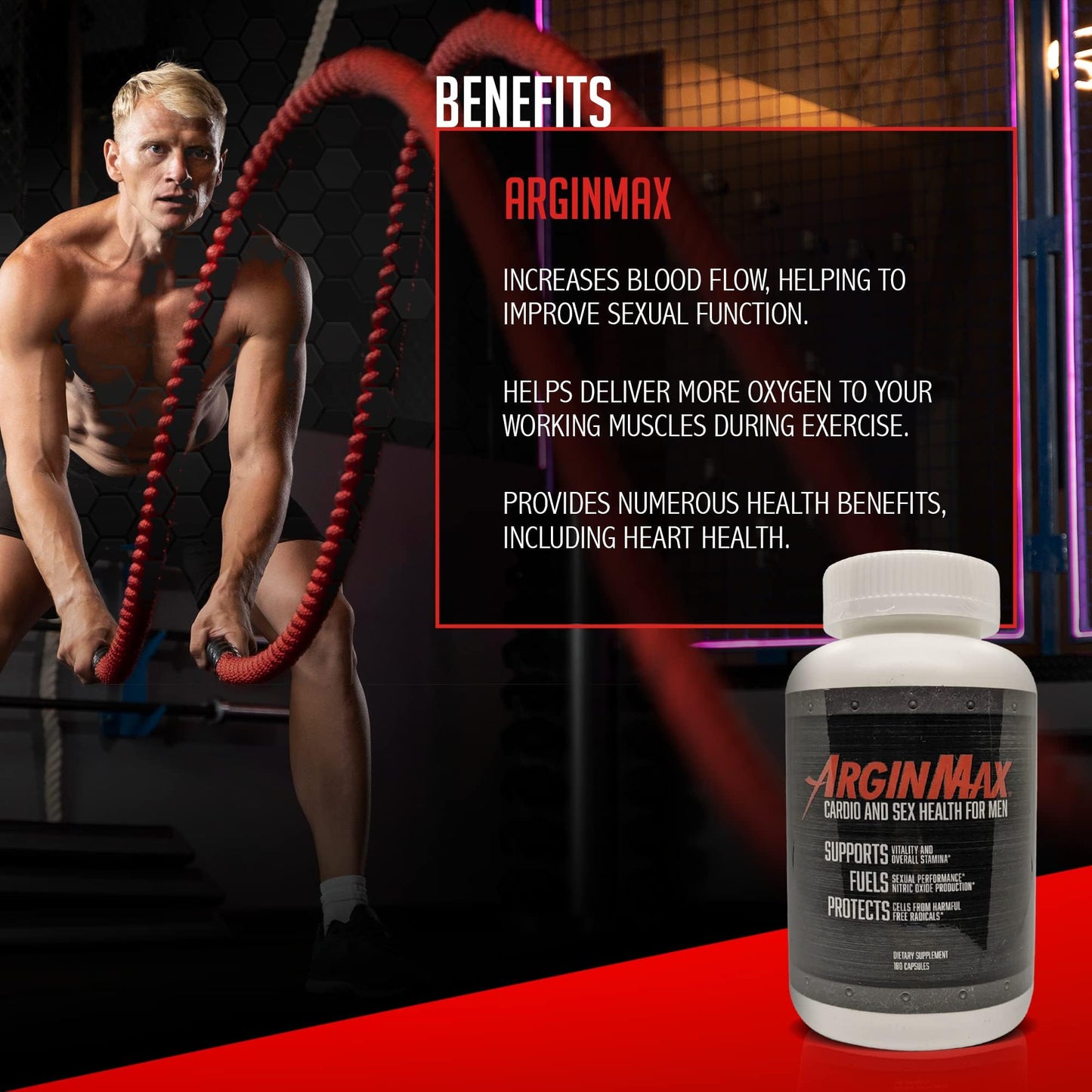 ArginMax L Arginine Nitric Oxide Supplement for Men - Oxygen & Blood Flow Support, Non GMO Nitric Oxide Booster - Larginine Supplements with Ginseng, Nitric Oxide Supplements for Men - 180 Capsules