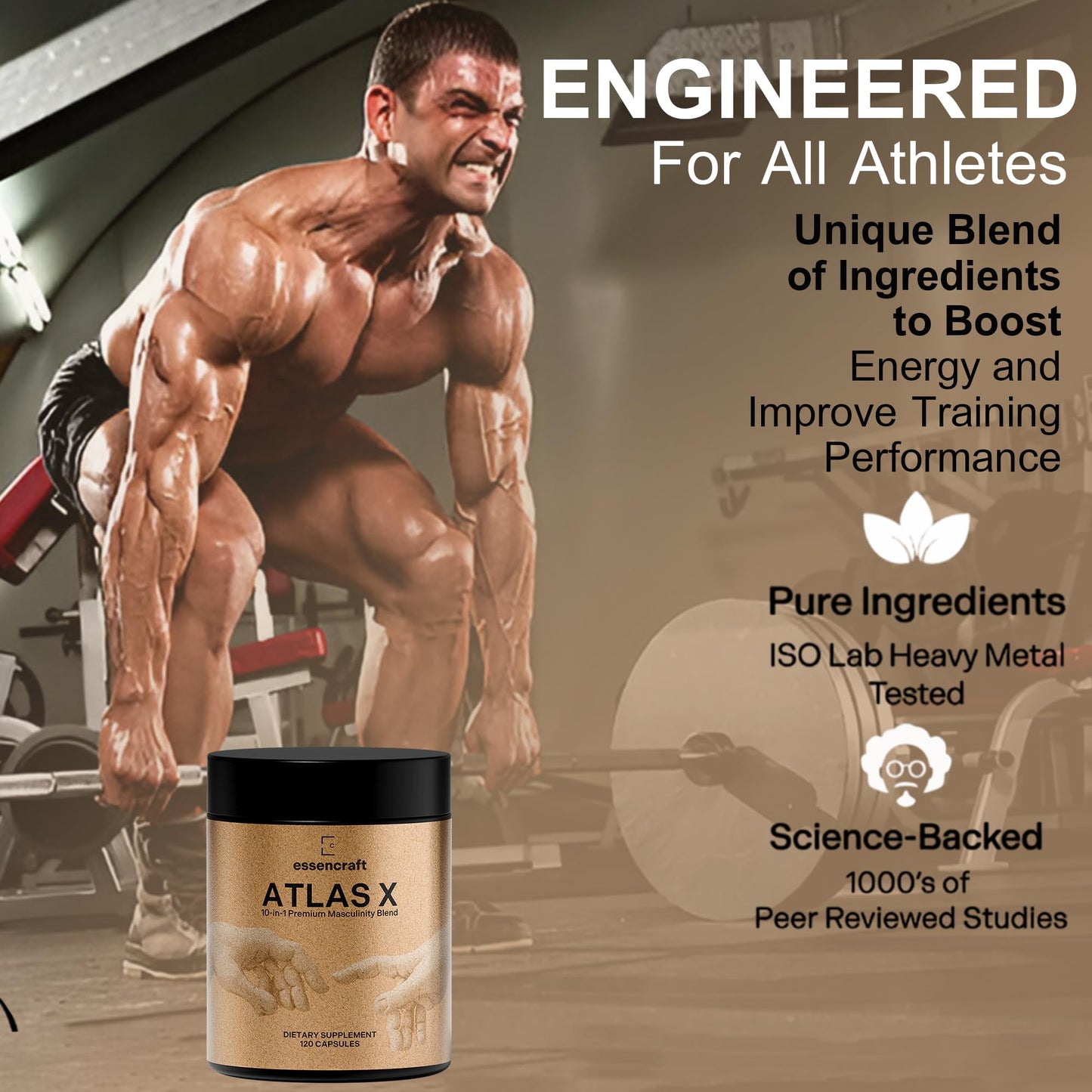 ATLAS X 10-in-1 Masculinity Maximiser Supplement for Men - Energy, Strength & Vitality Capsules with Shilajit, Ashwagandha, Zinc, Safed Musli, Tongkat Ali, Black Maca, Fadogia Agrestis, 2 Month Supply