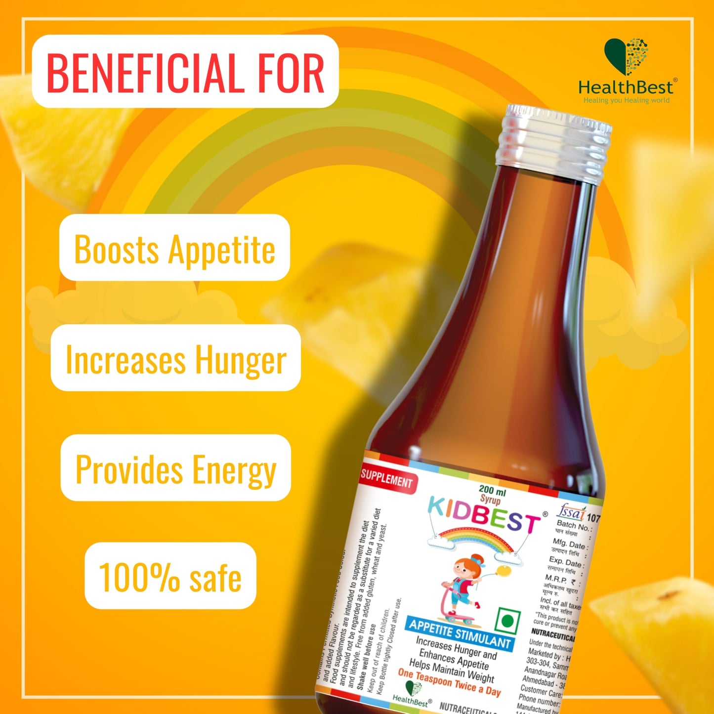 HealthBest Kidbest Appetite Stimulant Syrup for 3-13 Yrs Kids | Increase Hunger | Helps Maintain Weight | Gluten Free | L-Lysine HCI,Vitamins B1,B2,B6,B12 | 200 ml