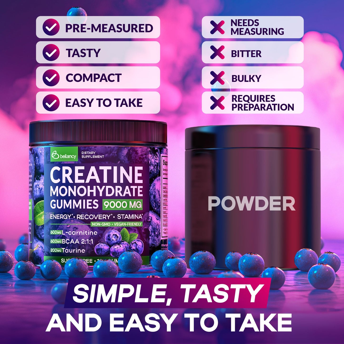 Creatine Monohydrate Gummies Complex 9000 MG for Men & Women, Easy-to-Take Creatine Monohydrate Supplement for Muscle Growth, Strength & Energy Support, Pre Workout Gummies 120 Count per Bottle