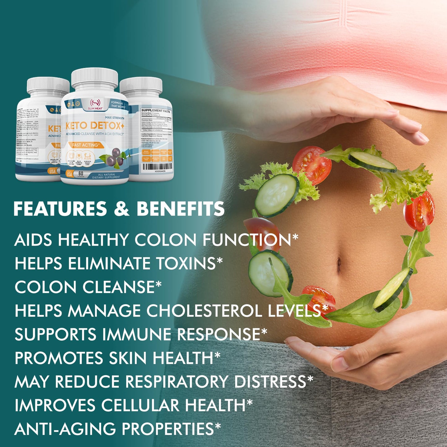 Keto Colon Cleanser Detox for Weight Flush, Advanced Gut Cleanse Detox for Women & Men with Acai Berry Extract, Psyllium Husk, Elm, Aloe & Papays - Relief & Support, Non-GMO Colon Cleanse, 60 Capsules