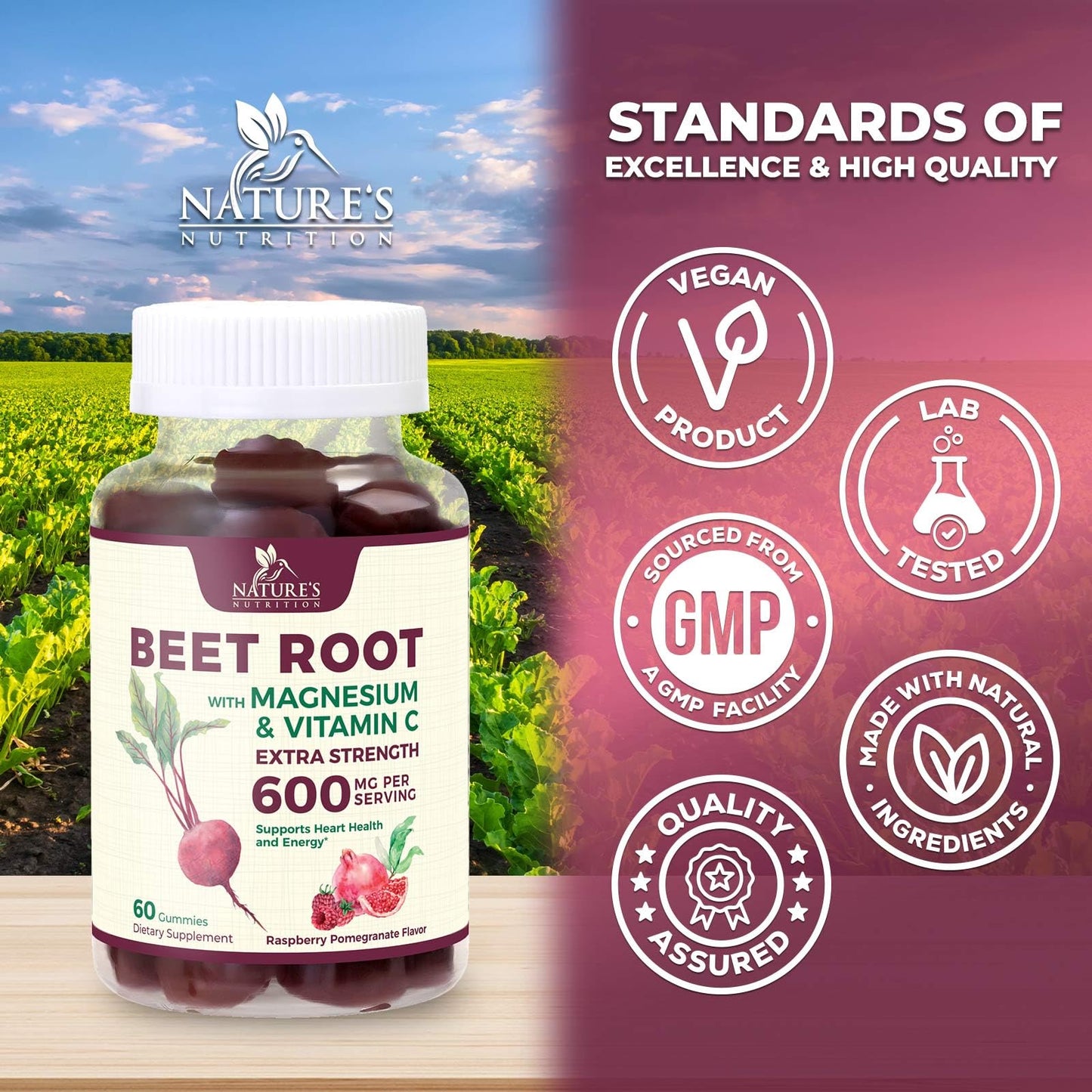Beet Root Supplement Gummies - 500mg Per Serving with Vitamin C & Magnesium - Energy Heart Health Support, Supports Nitric Oxide Production - Gluten Free Beetroot Gummy - Berry Flavor - 60 Gummies