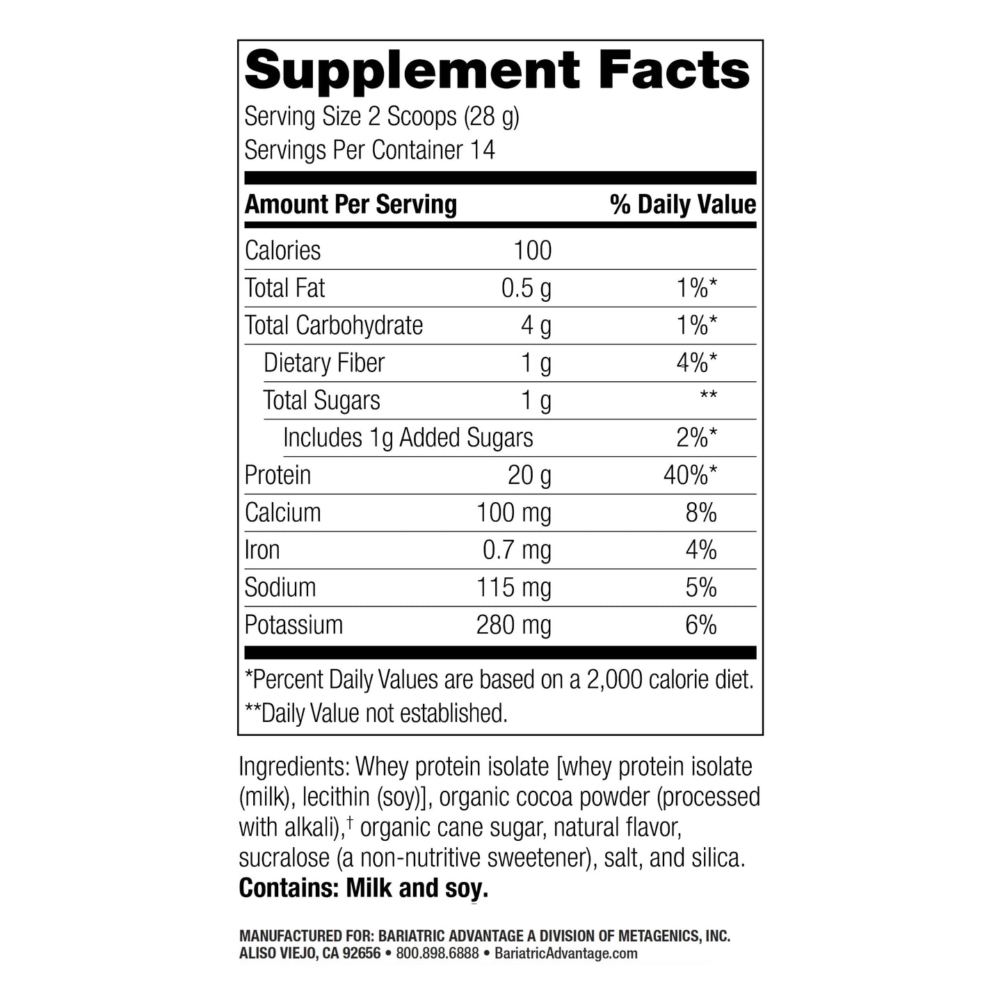 Bariatric Advantage High Protein Supplement Mix, 20 Grams Whey Protein Isolate Low Sugar with 100 Calories Per Serving - Chocolate, 14 Servings