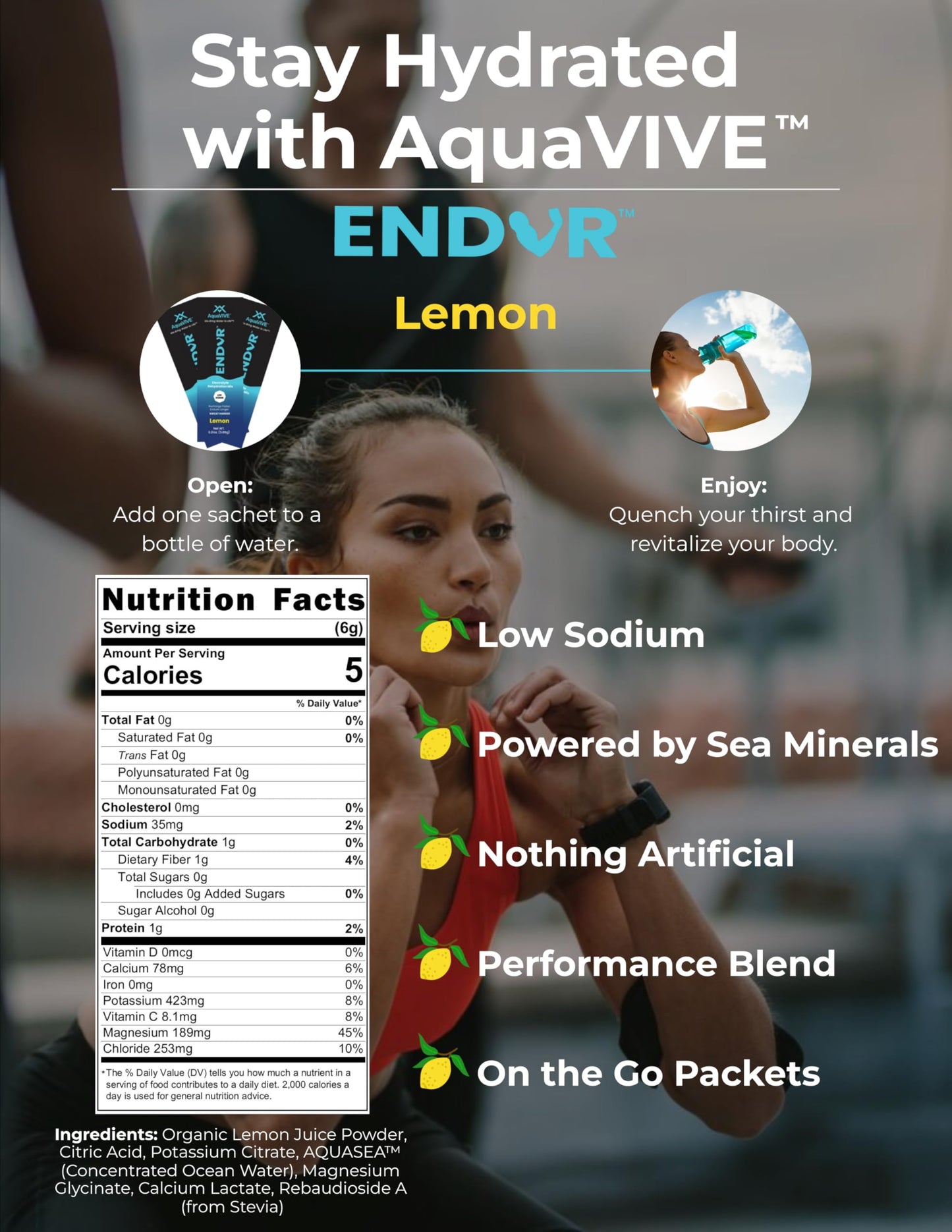 AquaVIVE ENDUR Electrolytes Powder - Lemon Flavored Rehydration Mix Packets with Magnesium Glycinate, Sugar Free, Stevia Sweetened, Low Sodium, Sea Minerals, Real Lemon Juice - 6 Packets