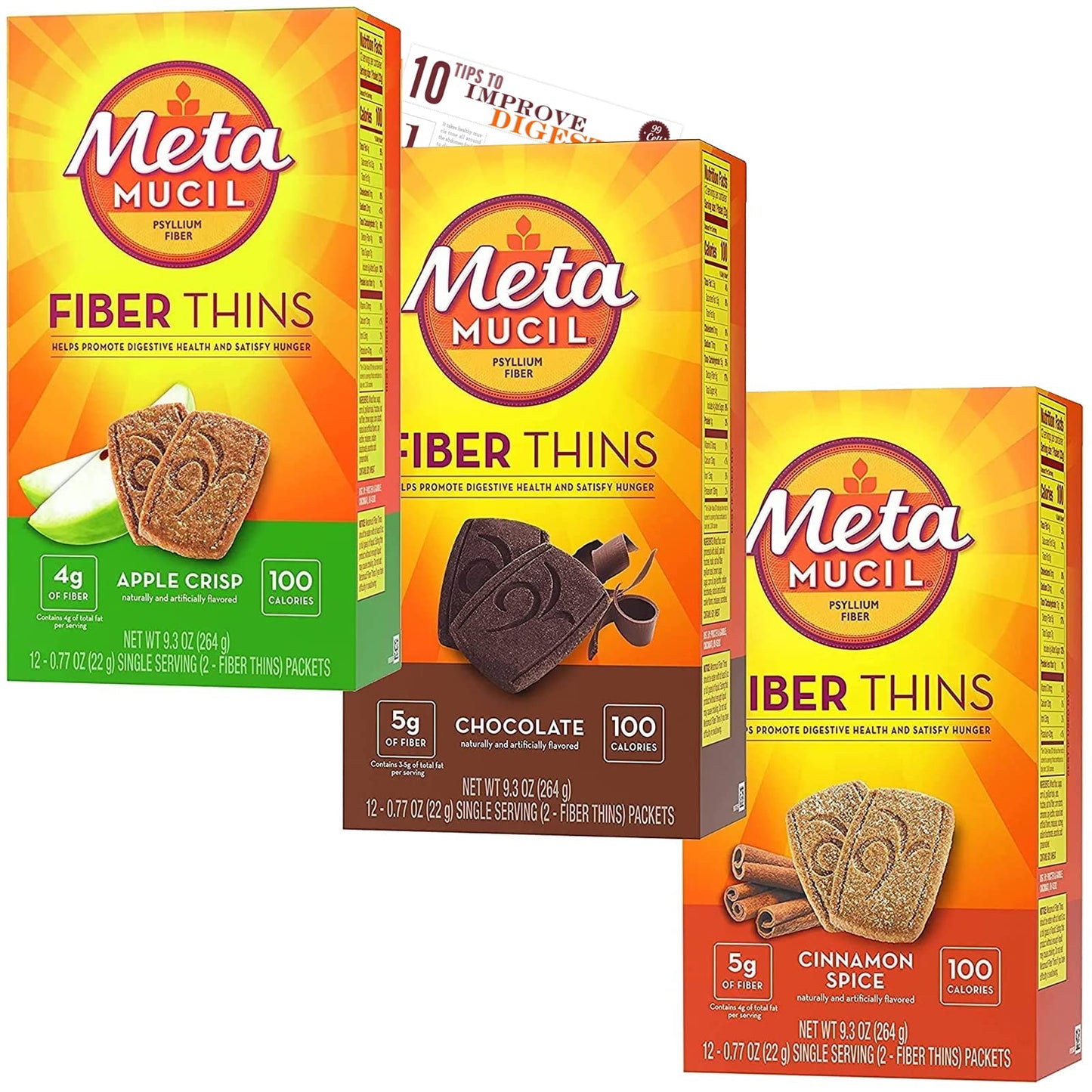 Fiber Thins Digestive Health Support Psyllium Fiber Bars Variety & Bleam Digestive Health Tip Card - Apple Crisp - Cinnamon Spice - Chocolate - Variety Pack Of 3