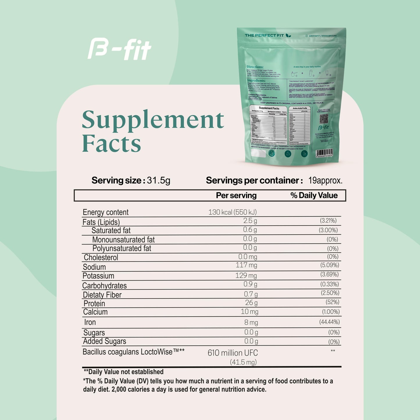 B-FIT B Vegan Pea Protein Powder 600g - Plant Based Protein Shake - Cookies & Cream Flavor - 19 Servings - Sugar-Free & Gluten-Free - 26g of Organic Pure Protein