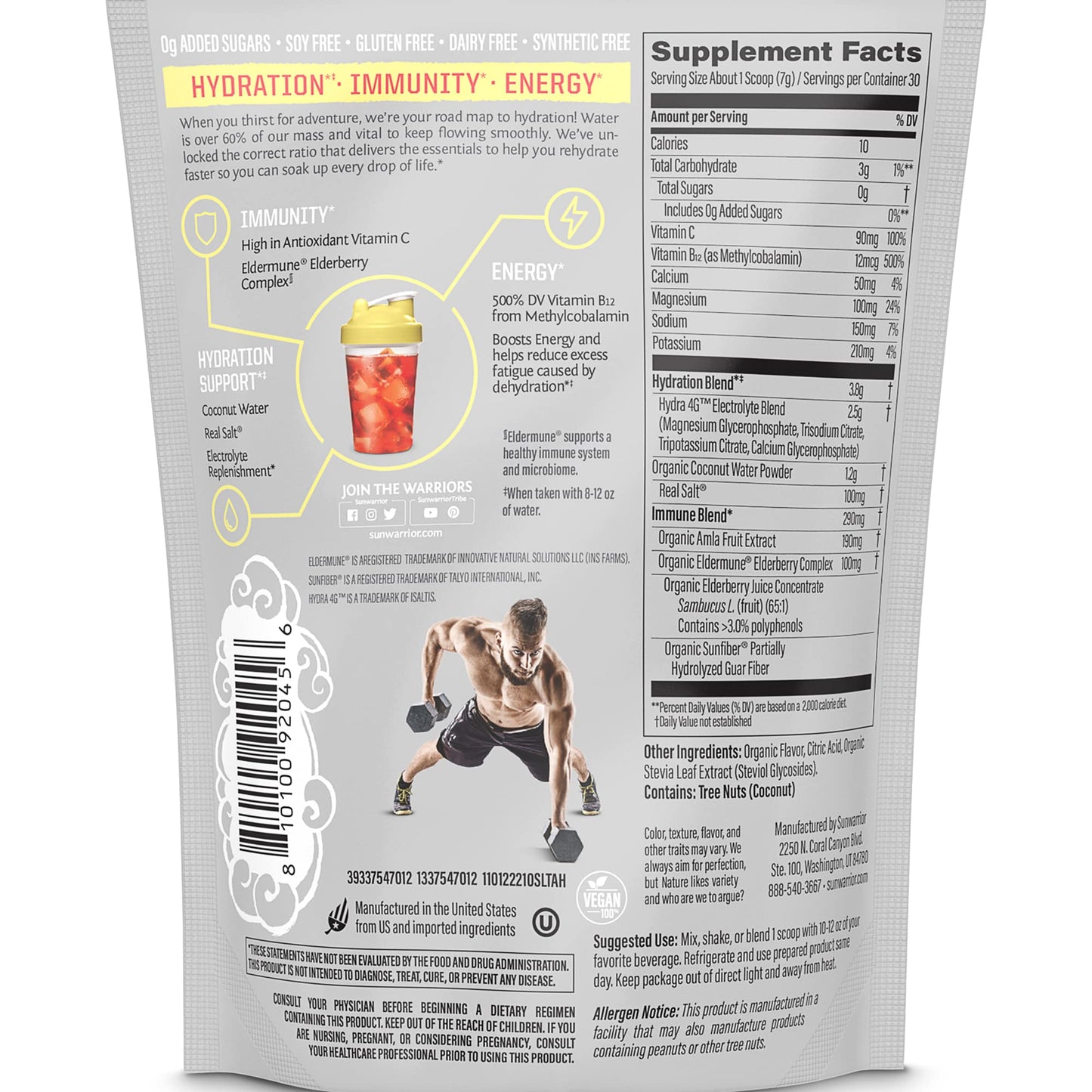 Sunwarrior Vegan Hydration Blend Electrolyes Supplement | Elderberry Coconut Water Real Salt Soy Free Sugar Free Synthetic Free Gluten Free Dairy Free | Strawberry 30 Servings | Active Hydration