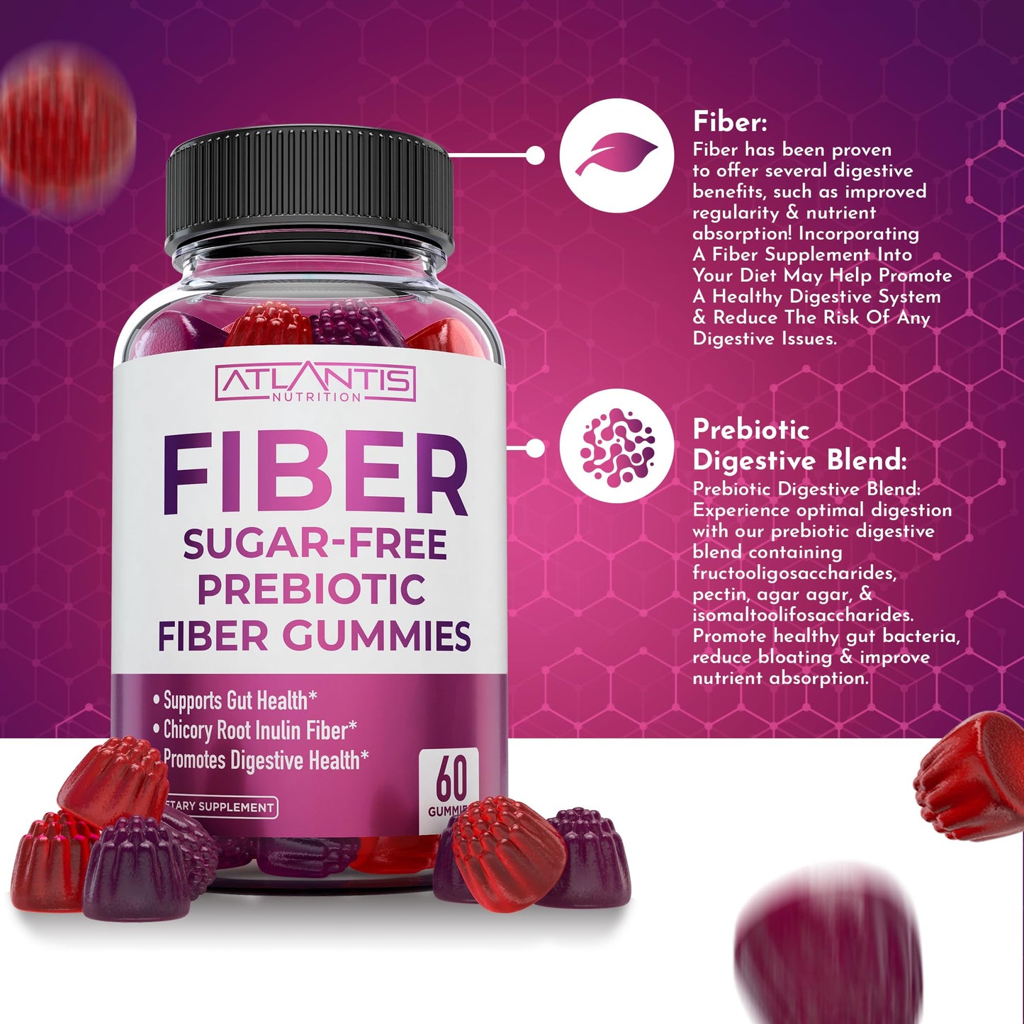 Atlantis Nutrition Sugar Free Fiber Gummies for Adults - 5G Fiber Supplement Formulated with 5.4G Prebiotic Digestive Blend - Supports Gut Health & Promotes Healthy Digestion - 2-Pack 120 Gummies