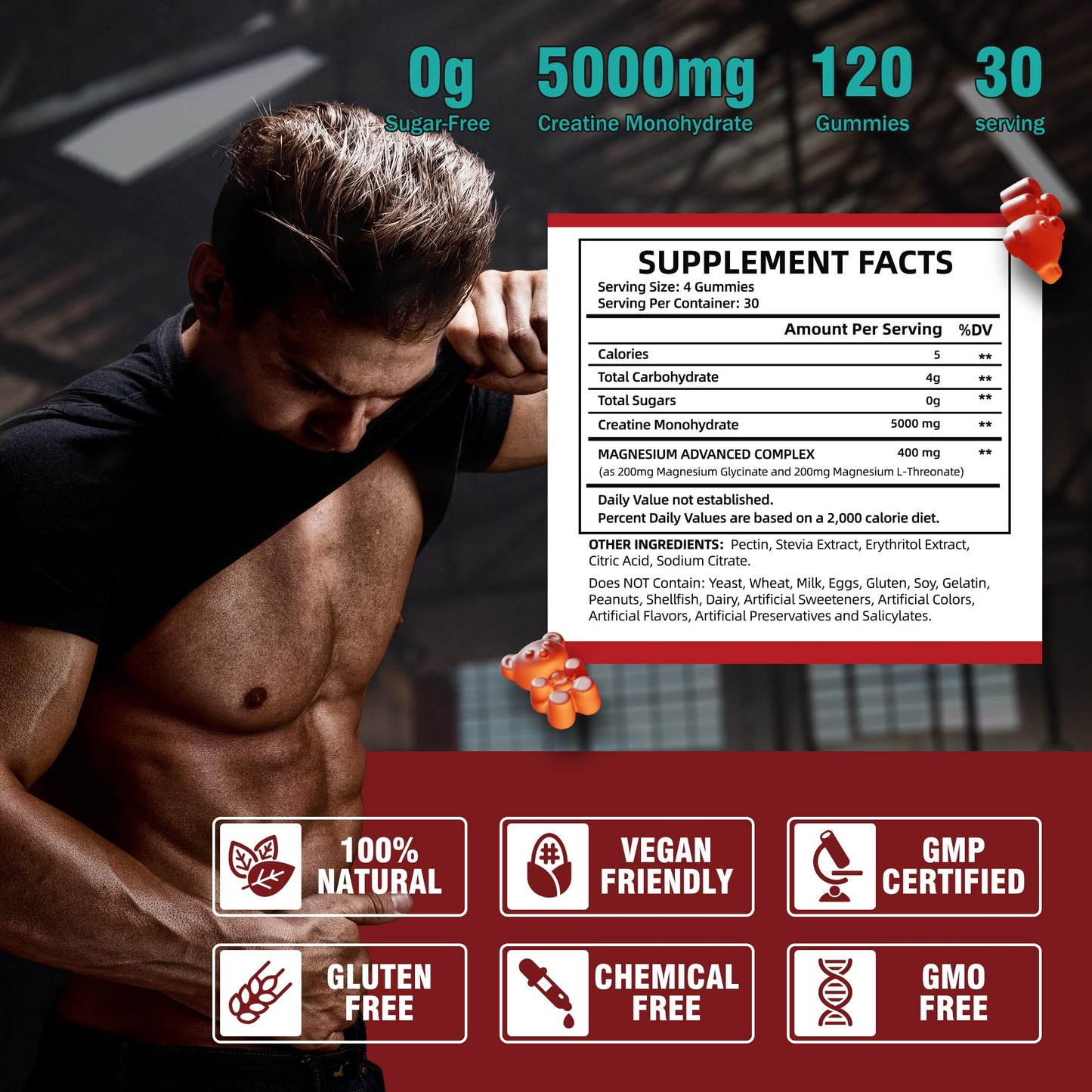 VIFSSG Creatine Monohydrate Gummies 5 g for Men & Women, 120 Sugar Free Gummies with 200 Mg Magnesium Glycinate, 200 Mg L-Threonate for Muscle Support, Energy Boost