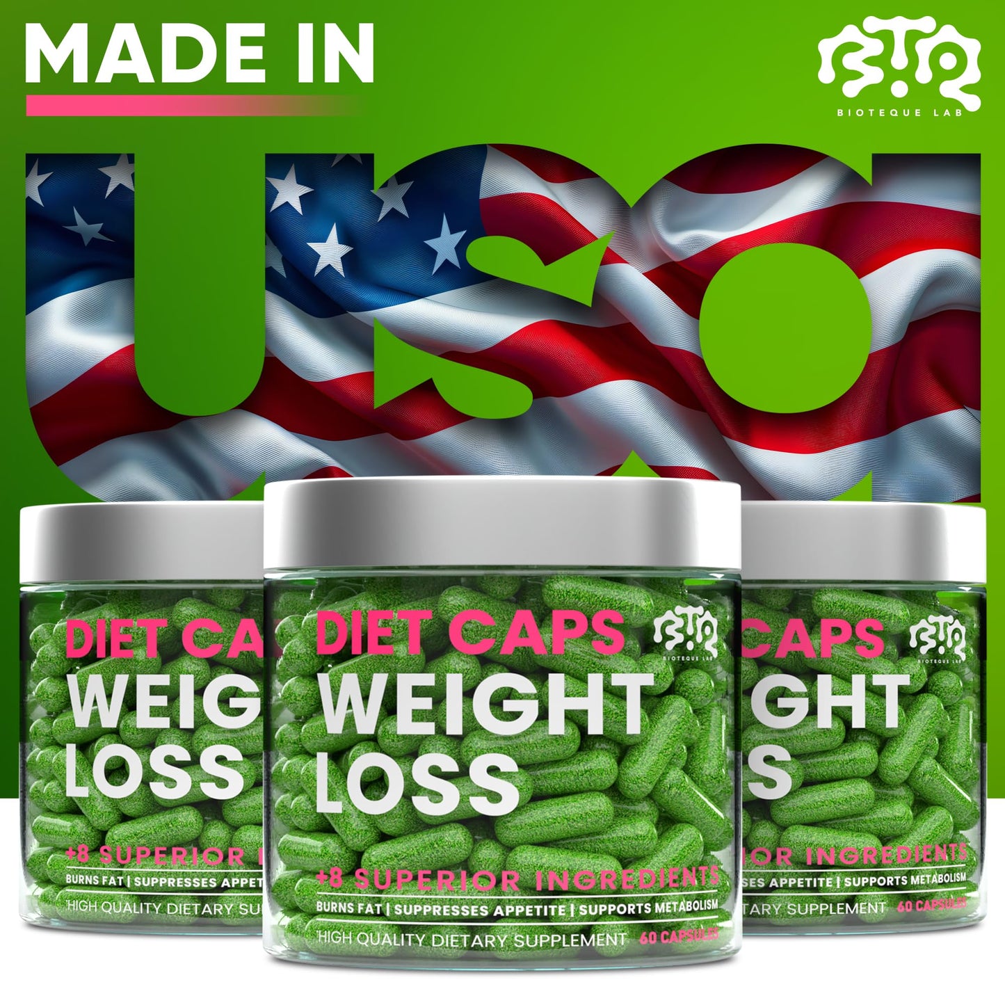 Bioteque Lab Weight Loss Diet Capsules, Natural Appetite Suppressant, Day & Night Fat Burner for Women & Men with Apple Cider, Green Coffee Bean Extract, Metabolism Booster Supplement - 60 Pills