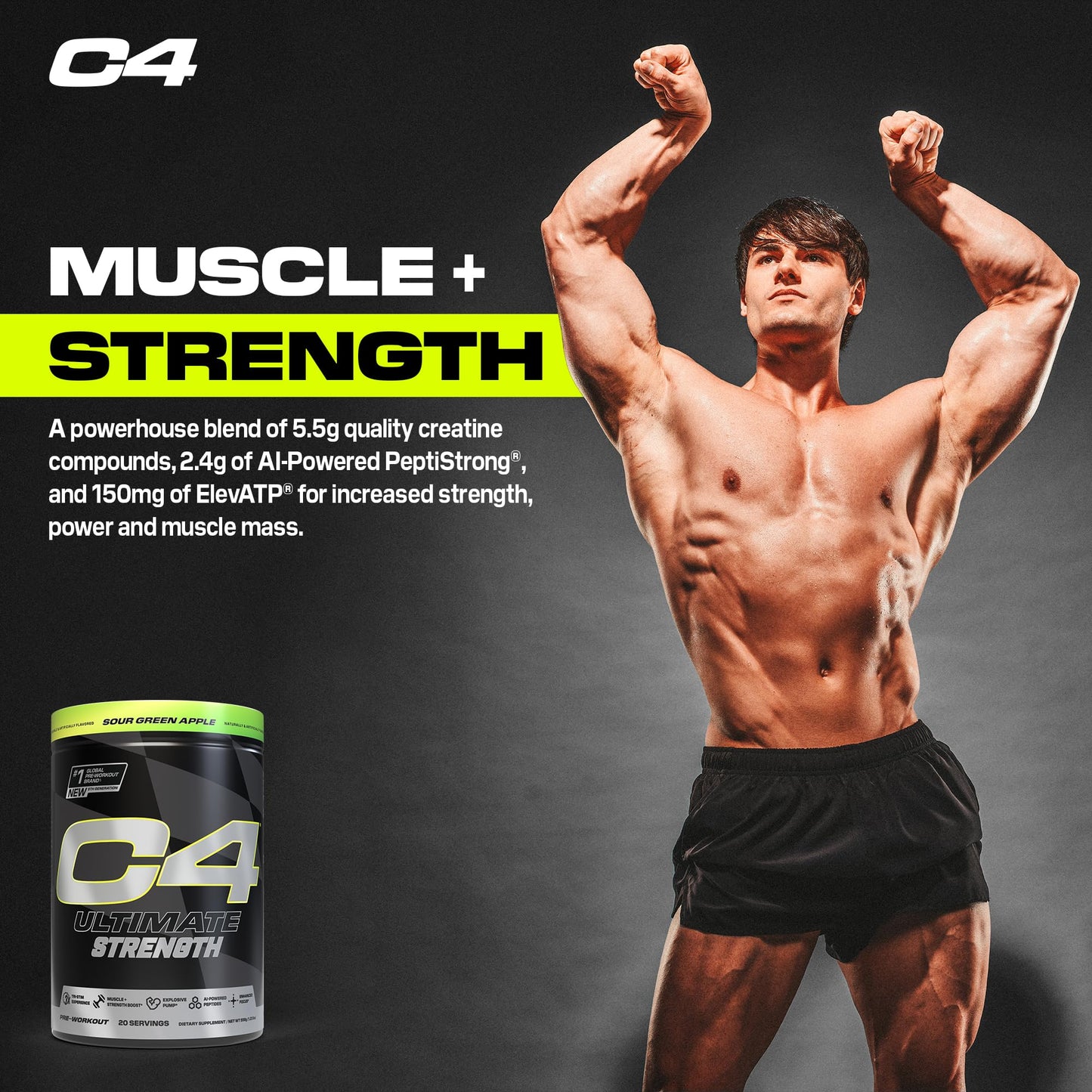 Cellucor C4 Ultimate Strength Pre Workout Powder - Tri-Stim Experience 300mg Caffeine+TeaCrine+Dynamine - Creatine & Beta-Alanine - Energy Supplement for Men & Women - Sour Green Apple, 20 Servings