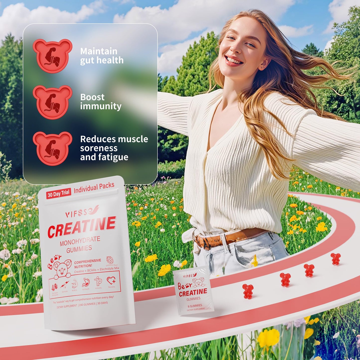 VIFSSG Creatine Monohydrate, Creatine Chewable 240 Gummies for Women and Men with 10 Creatine Monohydrate, Mix BCAAs and Electrolytes per Serving, Strawberry Sugar Free Gummies for Muscle Strength