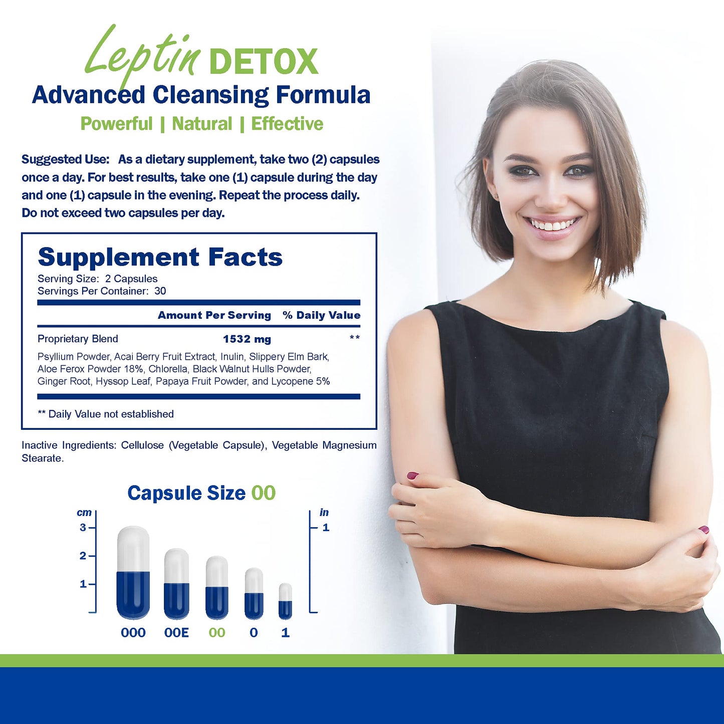 Power By Naturals Leptin Detox Cleanse for Reduce Weight - Natural Gut & Colon Cleanser, 1532mg, Acai Berry Cleanse for Men & Women, 60 Capsules, USA-Made