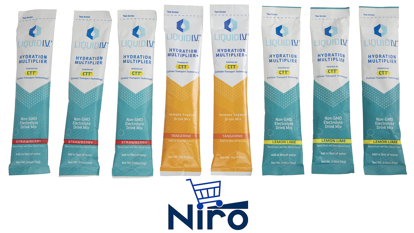 Niro Assortment Liquid IV Hydration Multiplier Strawberry Lemon Lime Tangerine Liquid IV Variety Pack Electrolyte Drink Mix 8 Single Serve Packets