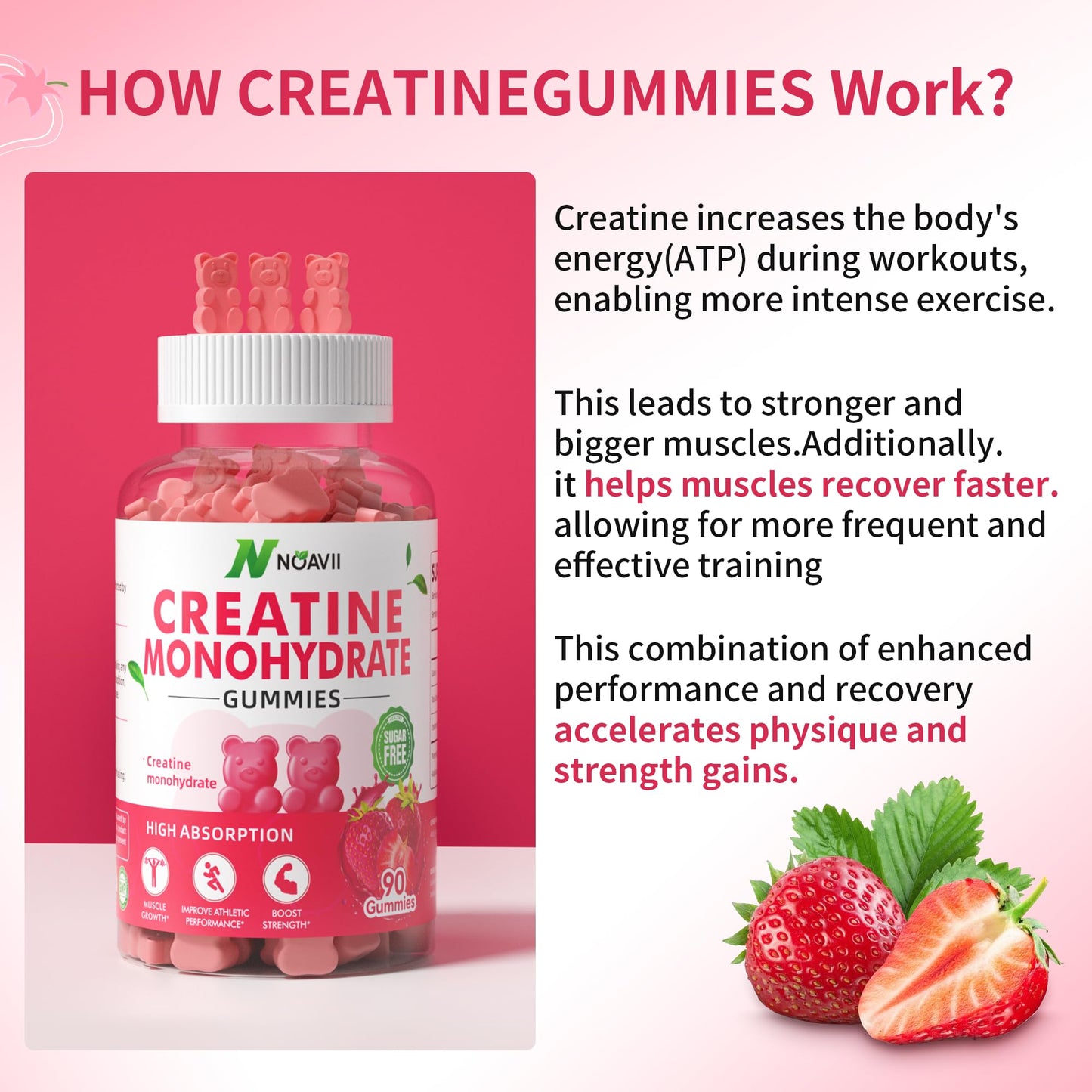 NOAVII Creatine Monohydrate Gummies 5000mg for Men & Women, Chewables Creatine Monohydrate for Muscle Strength, Muscle Builder, Energy Boost, Pre-Workout Supplement-180 Strawberry Gummies