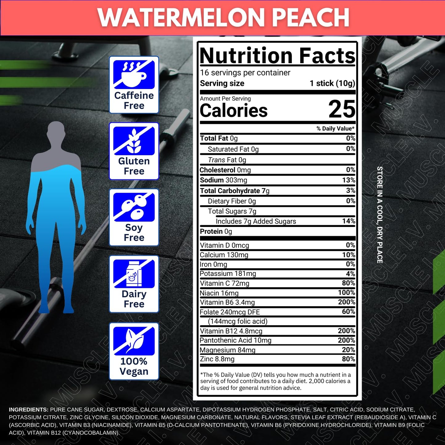 Muscle I.V. Hydration Electrolyte Drink Mix - Watermelon Peach - 16 Easy Open Single Serve Powder Sticks | Caffeine Free | Gluten Free | Soy Free | Non-GMO | 100% Vegan