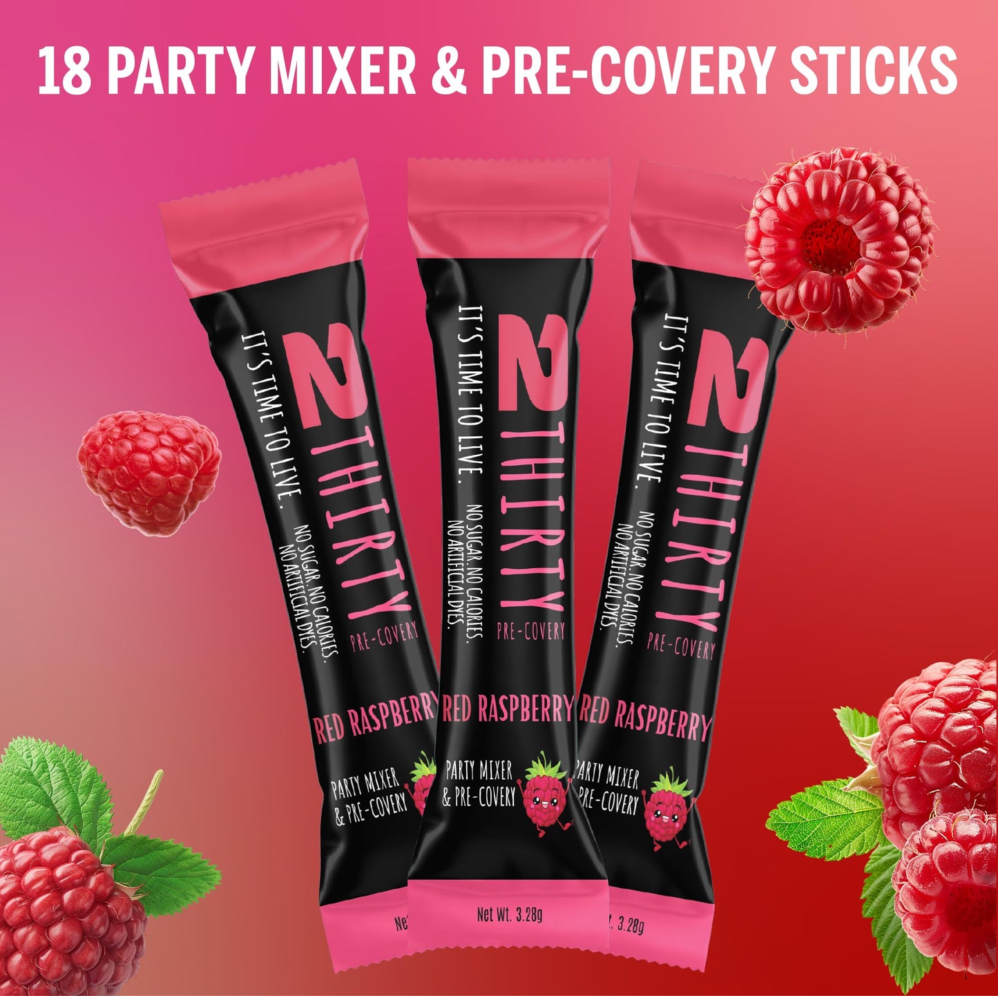 2THIRTY Hydration & Precovery Mixer | No Sugar, Zero Calories | Electrolyte Powder Packets + Vitamin B12, Aminos & Natural Herbs (18 Pack, Red Raspberry)