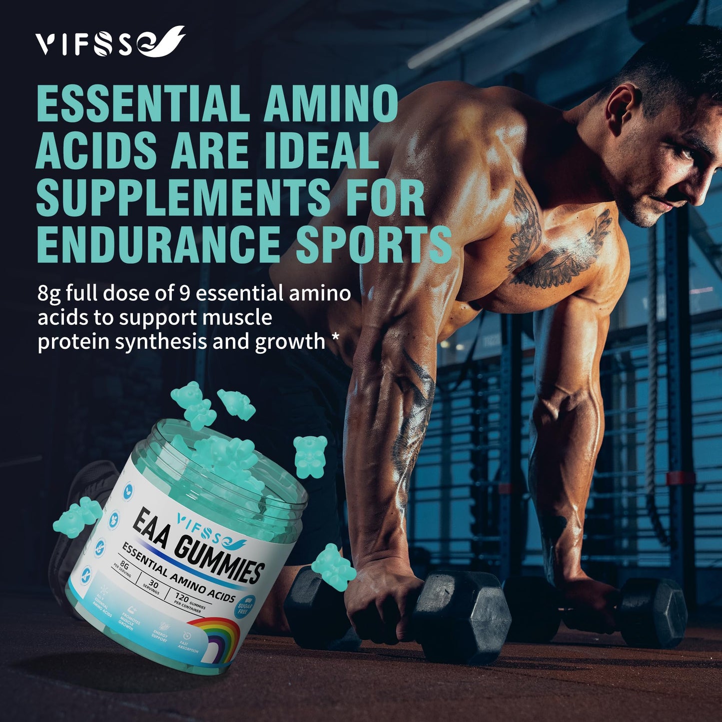 VIFSSG EAA Gummies 120 Gummies (Blue Raspberry), Essential Amino Acids - All 9 Essential Aminos (EAA) and All Branched-Chain Aminos (BCAAs), Non-GMO, Gluten Free, Vegetarian Friendly