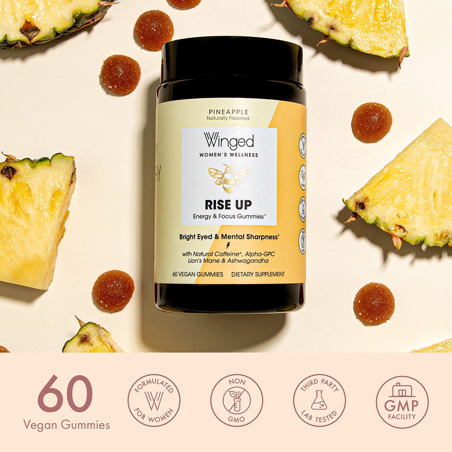 Winged Wellness Rise Up, Energy & Focus Gummies for Women - Daily Brain Boost Gummy Supplement with Natural Caffeine, Ashwagandha, B12, Nootropics Alpha-GPC & Lion’s Mane - Pineapple, 30 Gummies