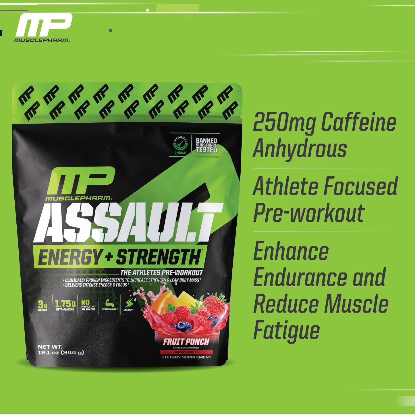 Muscle Pharm Assault Energy & Strength Pre Workout Powder for Men & Women with Beta Alanine, Caffeine, Creatine & Betaine Anhydrous, Pre-Workout Supplements, 30 Servings, Fruit Punch Flavor
