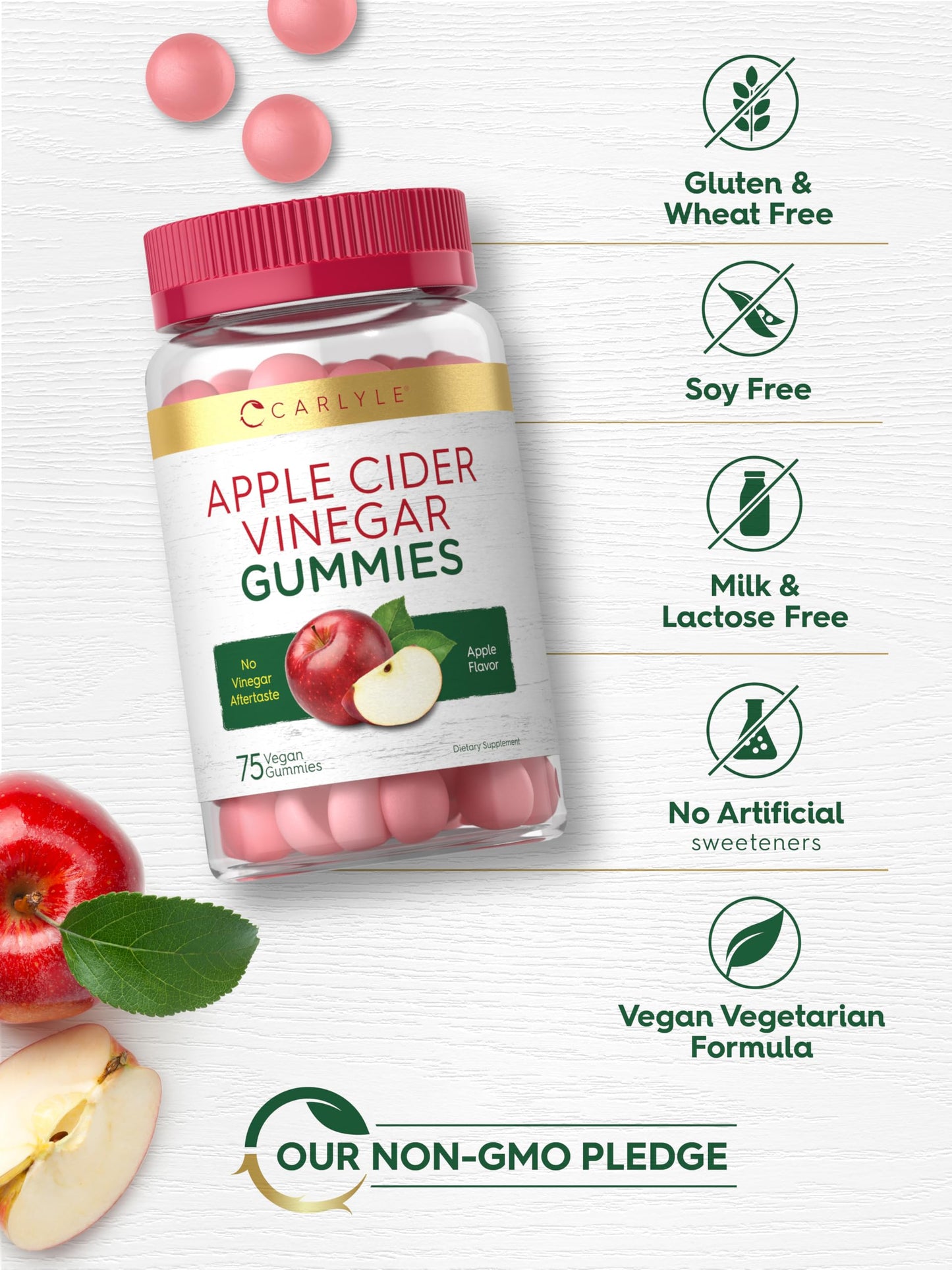 Carlyle Vegan Apple Cider Vinegar Gummies | 75 Count | Apple Flavor | Non-GMO, Gluten Free | ACV Supplement