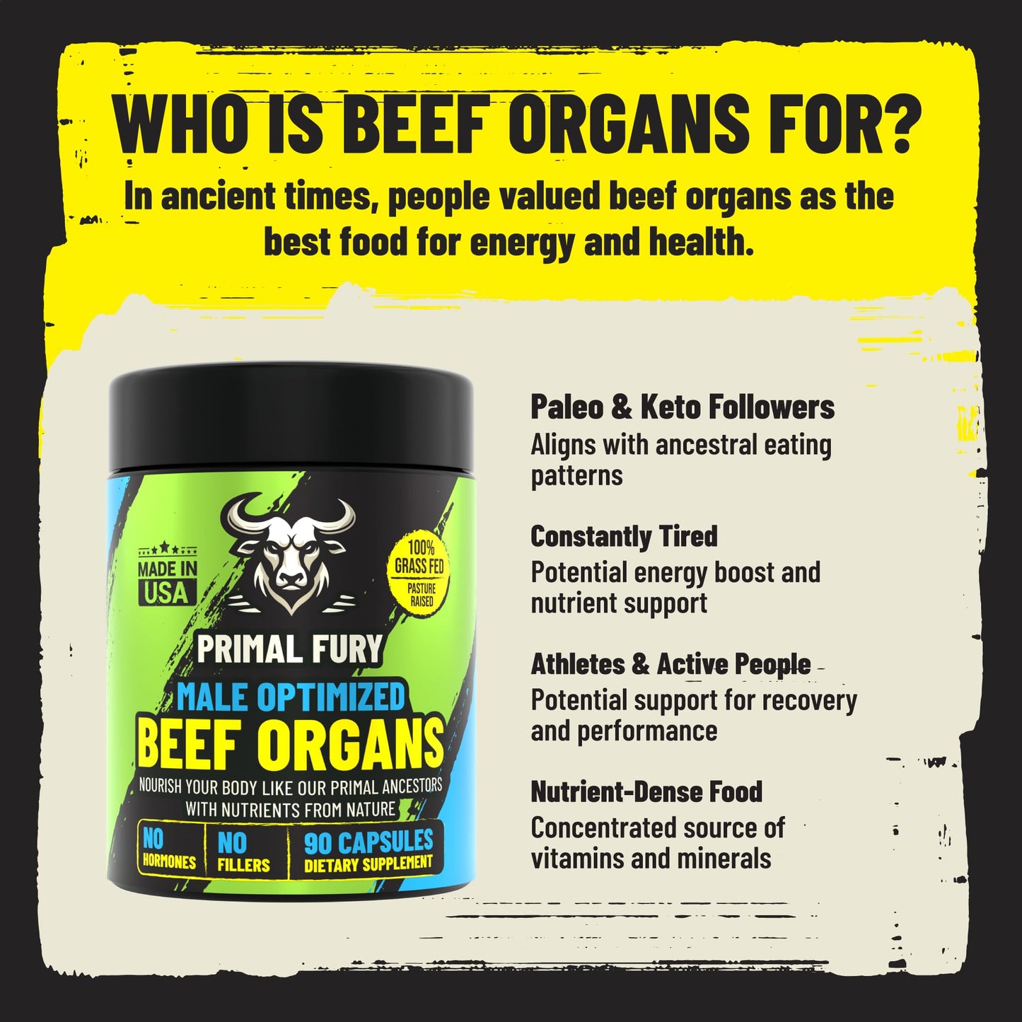 Grass Fed Beef Organ Supplement for Men - Male Optimization Pills - 6 Vital Beef Organs to Drive Prostate Health & Peak Performance, Made in USA, 60 Capsules