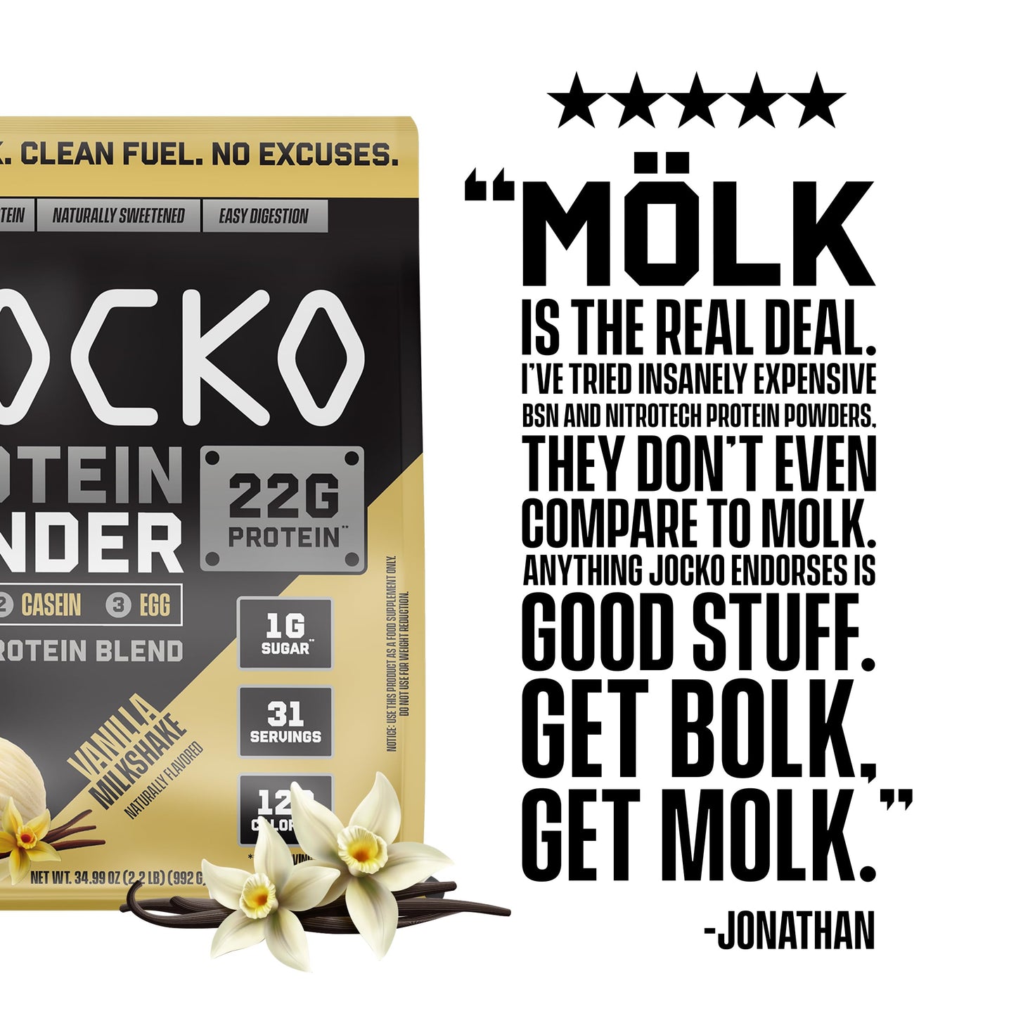 Jocko Fuel Mölk Whey Protein Powder 22g Protein - Low Sugar Monk Fruit Blend - Muscle Recovery & Growth, Packaging May Vary (31 Servings, Vanilla Milkshake)