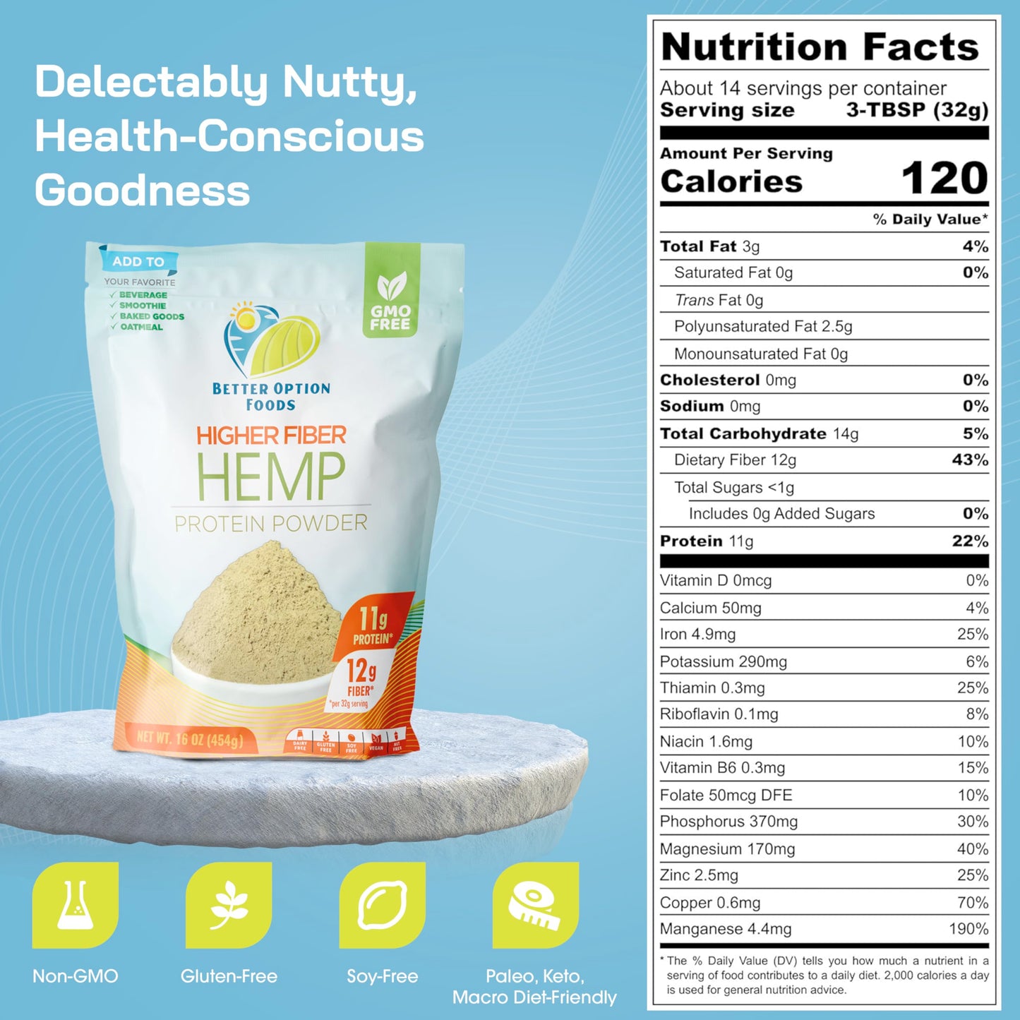 Better Option Foods Hemp Protein Powder - Plant Based Protein Powder with Higher Hemp Fiber & Essential Amino Acids - Easy-to-Digest Vegan Protein Powder for Oatmeal, Smoothies, & Baked Goods, 16oz