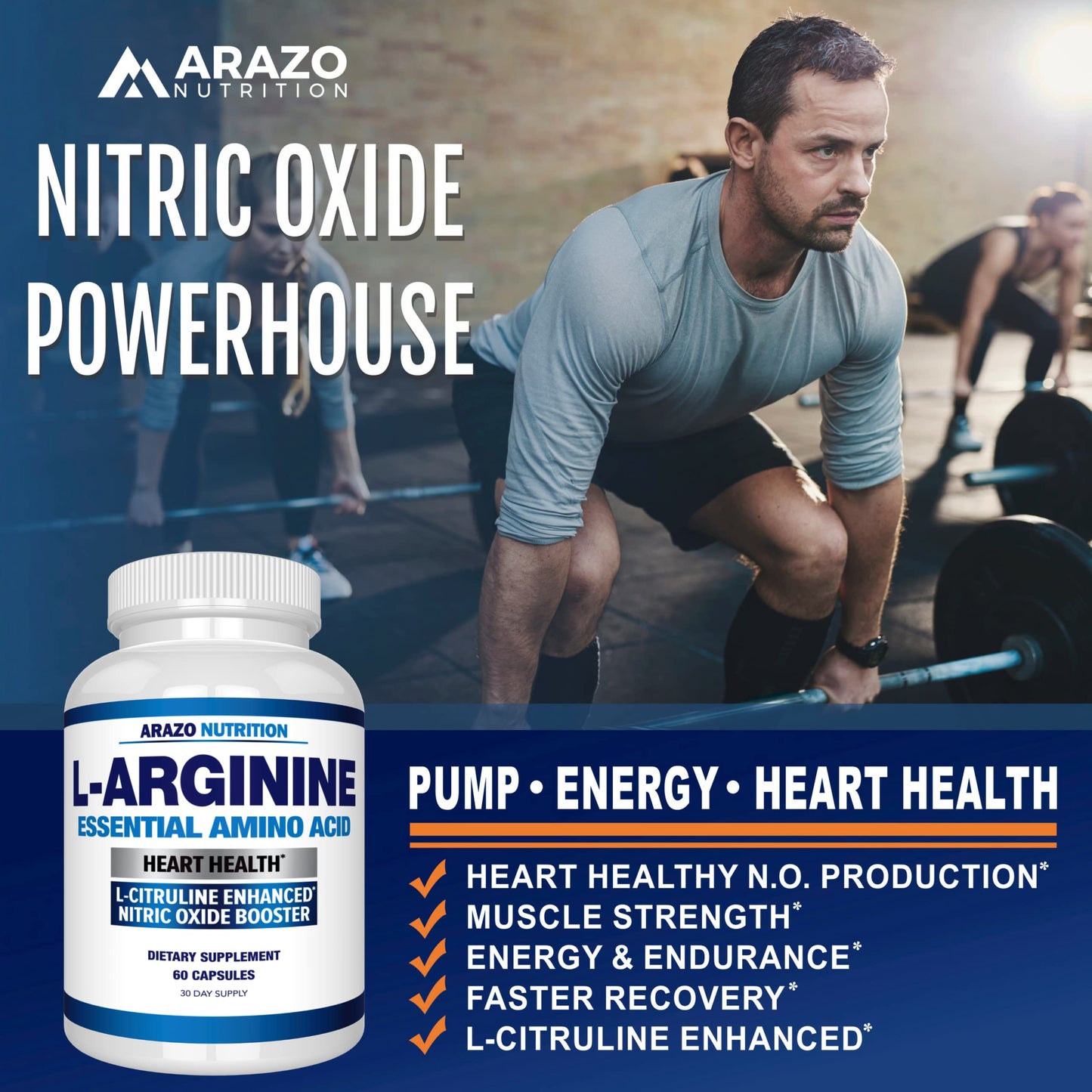Arazo Nutrition Premium L Arginine - 1340mg Nitric Oxide Booster with L-Citrulline & Essential Amino Acids for Muscle Gain and Energy - Powerful NO Booster to Train Longer & Harder - 60 Capsules