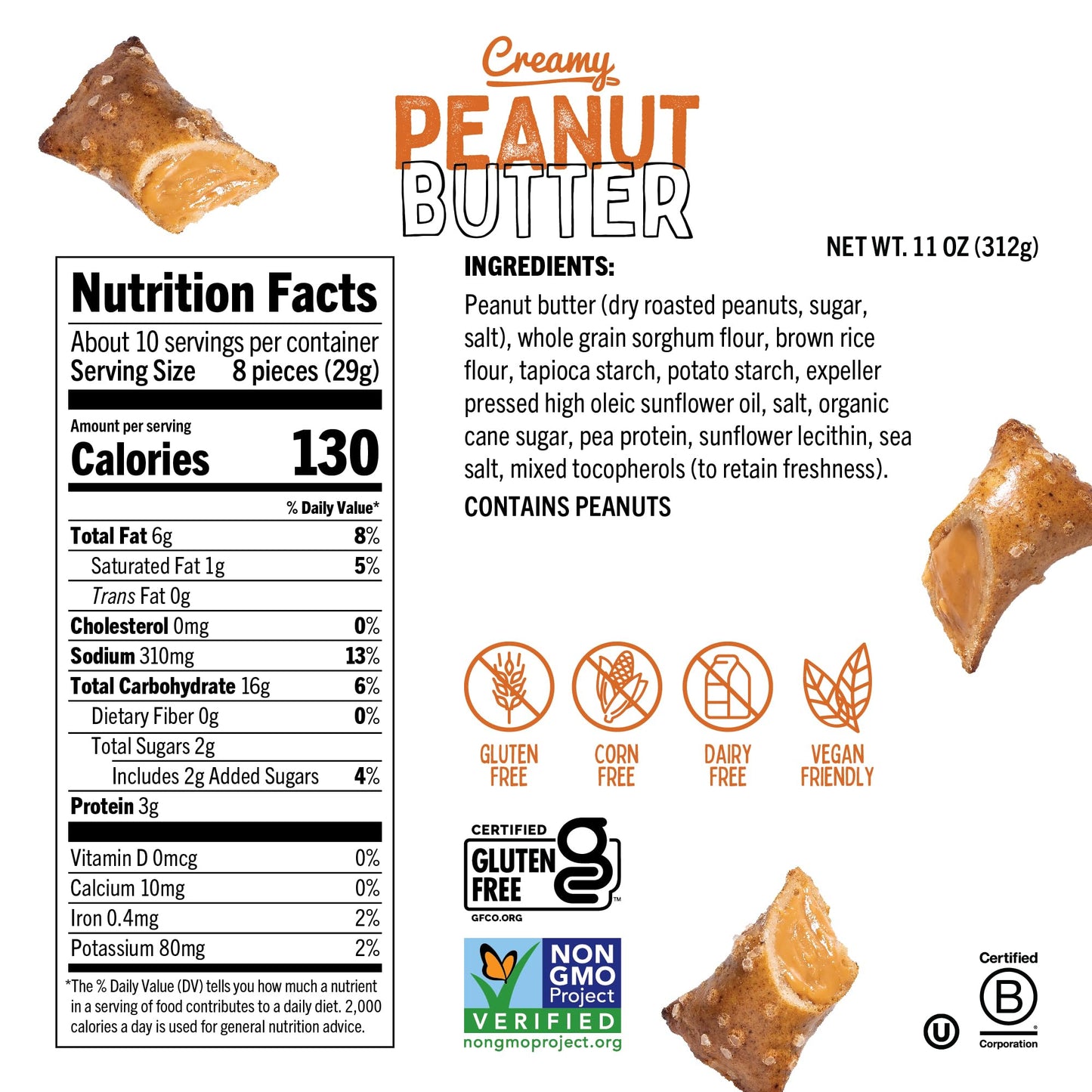 Quinn Gluten Free Peanut Butter Filled Pretzel Nuggets Made with Real Ingredients Whole Grain Sorghum Sea Salt Vegan Dairy Free NonGMO 11 Oz Pack of 8