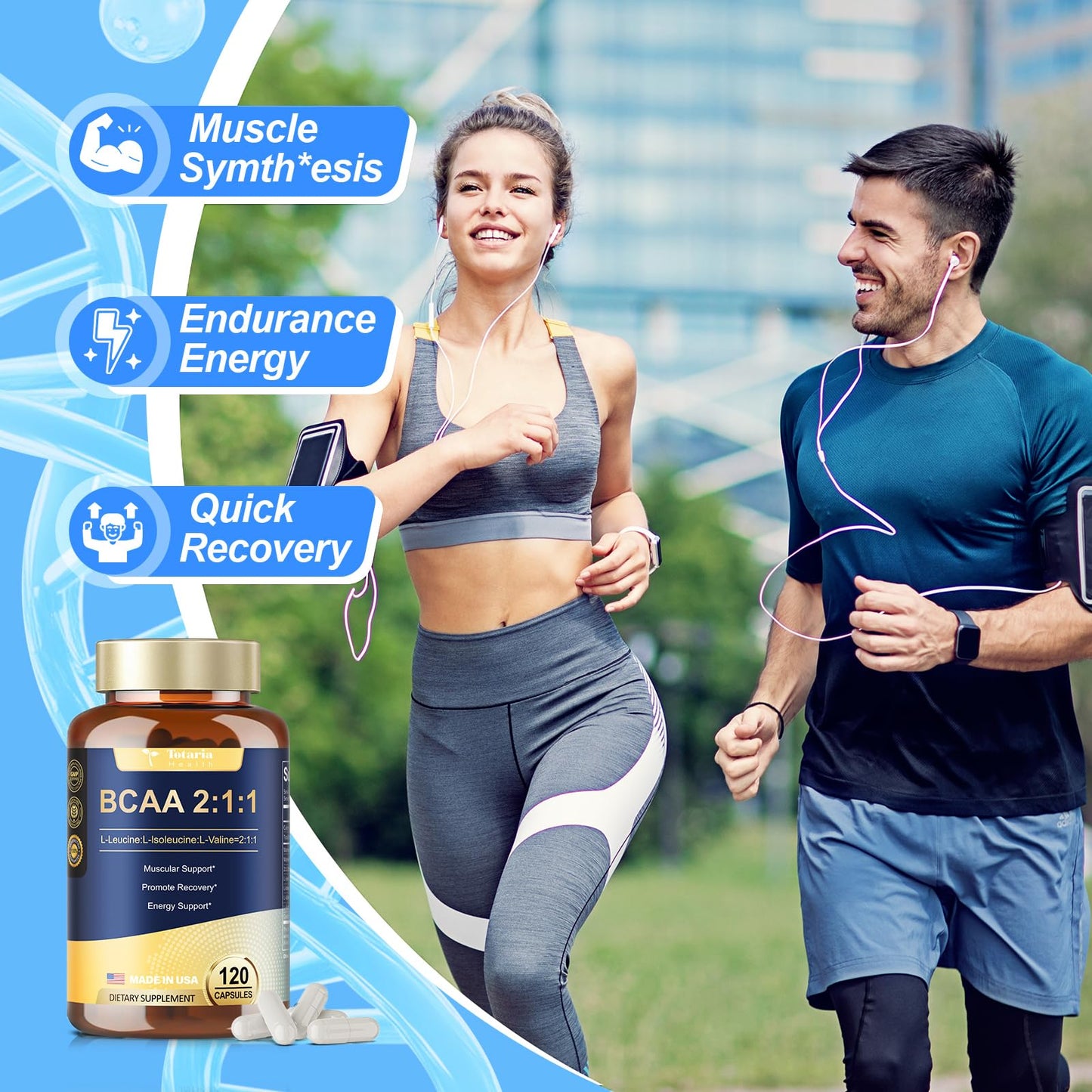 BCAA 2:1:1 - High Purity Branched Chain Amino Acids Supplement with Creatine Monohydrate, L-Glutamine, Vitamin B6 and Vitamin C for Men & Women, 120 Count